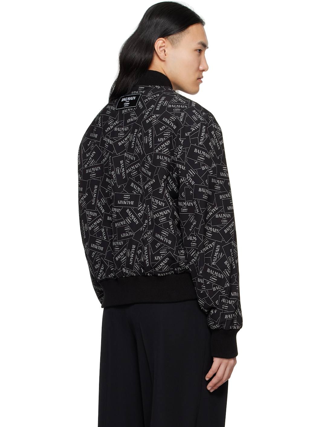 Black Printed 'Balmain' Label Bomber Jacket - 3