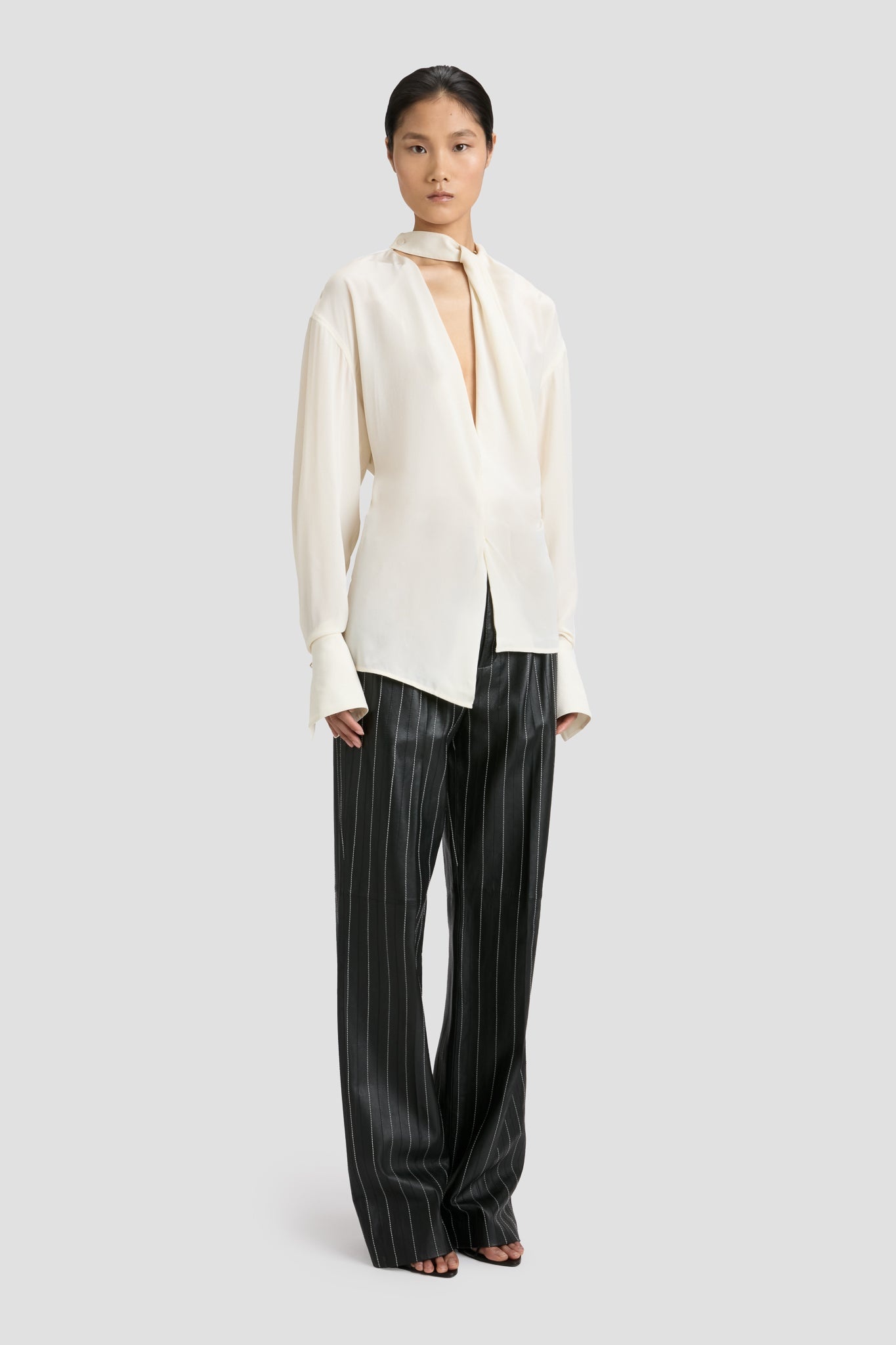 Double Pleat Leather Trouser In Black-Ivory - 3