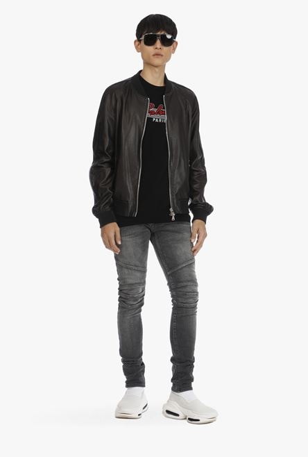 Black cotton sweater with embroidered red and white Balmain logo - 2