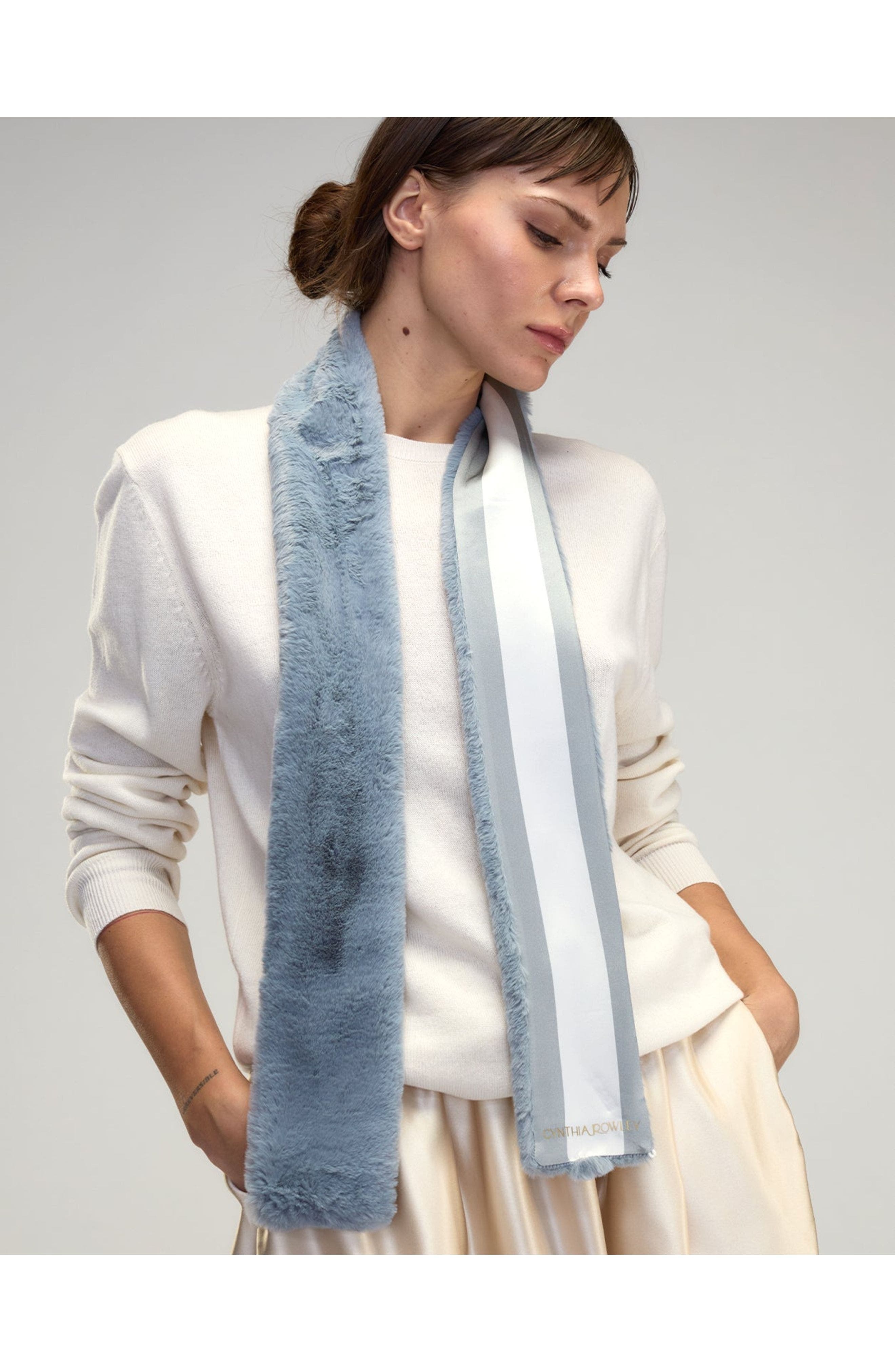 Cynthia Rowley Out East Faux Fur Silk Scarf in Blue at Nordstrom - 4