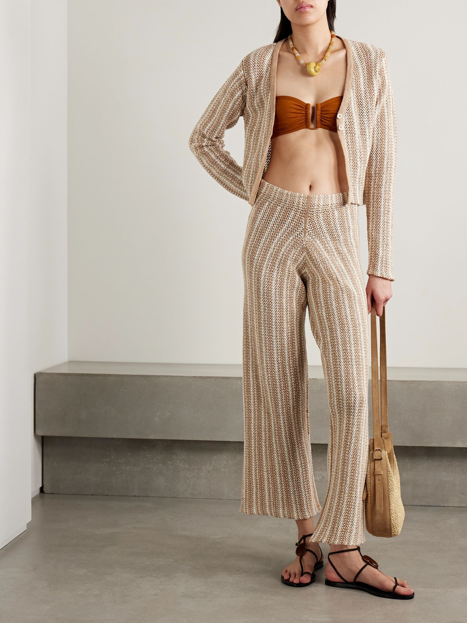 Nora Lite striped crocheted cotton cardigan Tan - 2