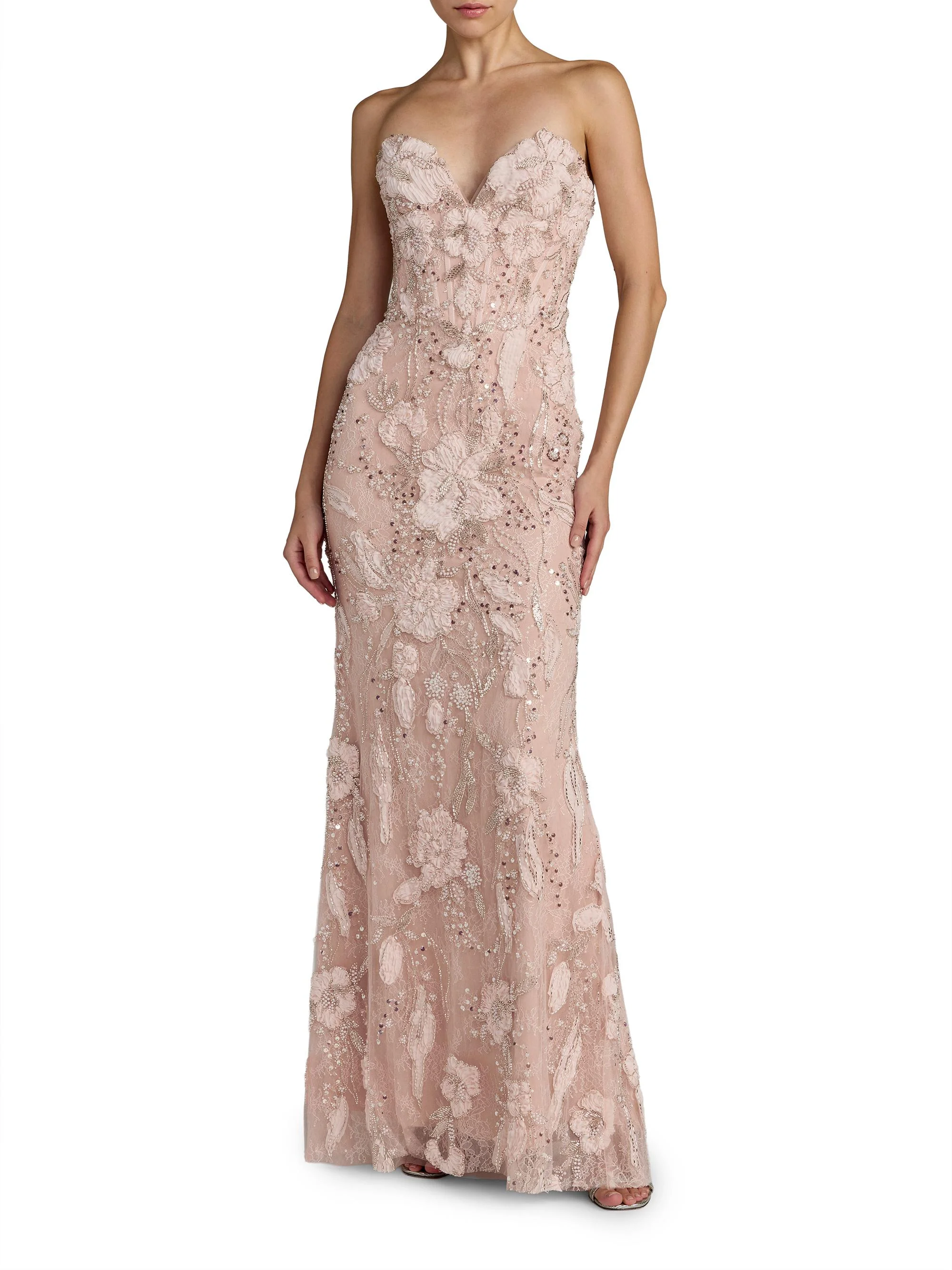 Women's Floral Embellished Mesh Strapless Column Gown - Porcelain - 1