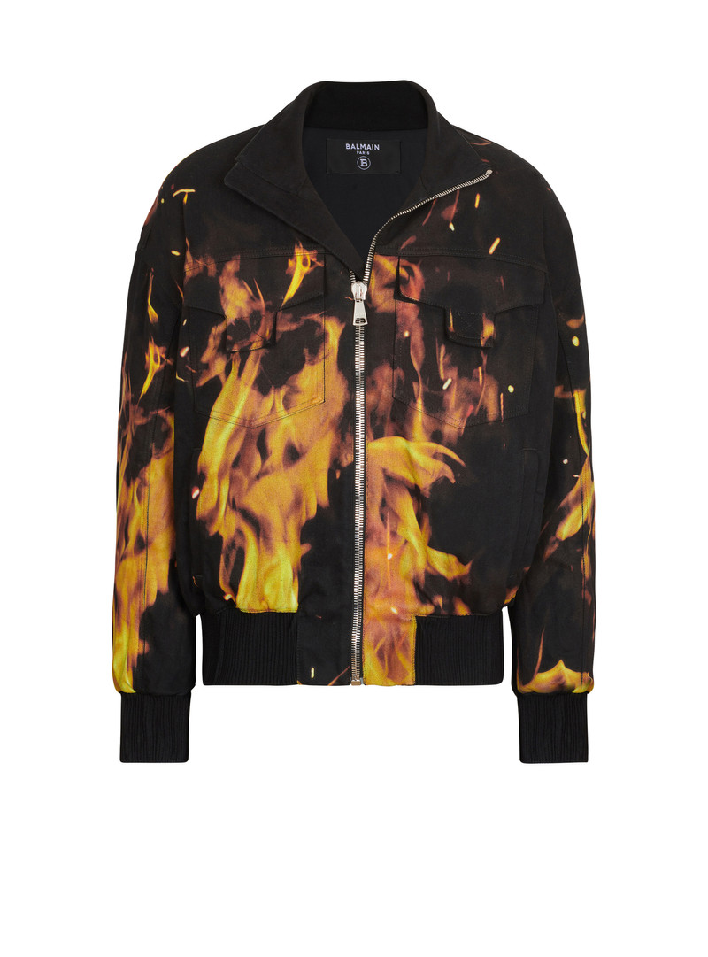 Fire print denim bomber jacket 1