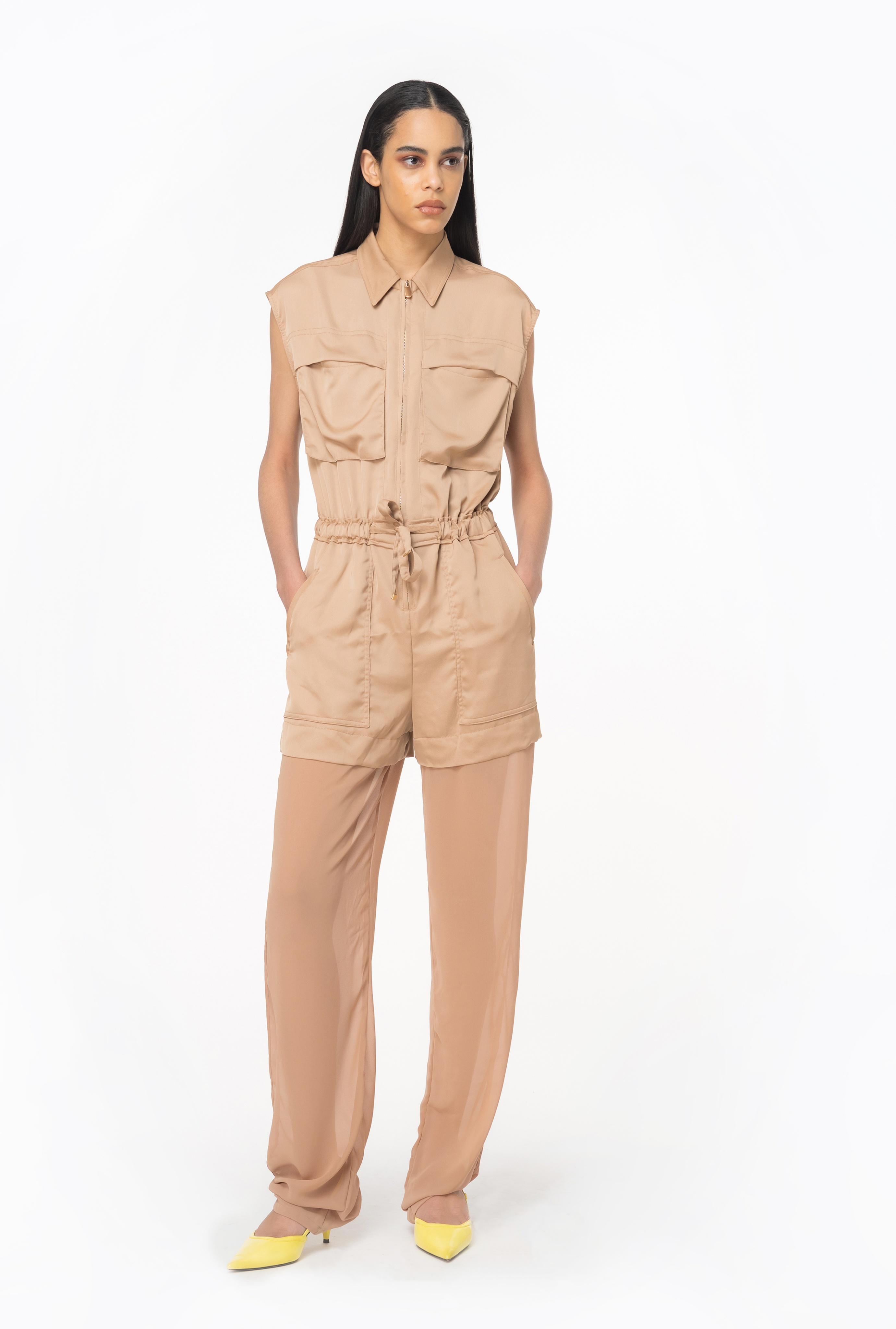 UTILITY-STYLE SATIN JUMPSUIT WITH GEORGETTE - 3