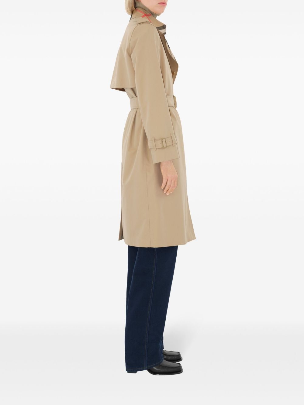 plaid-collar gabardine trench coat - 3