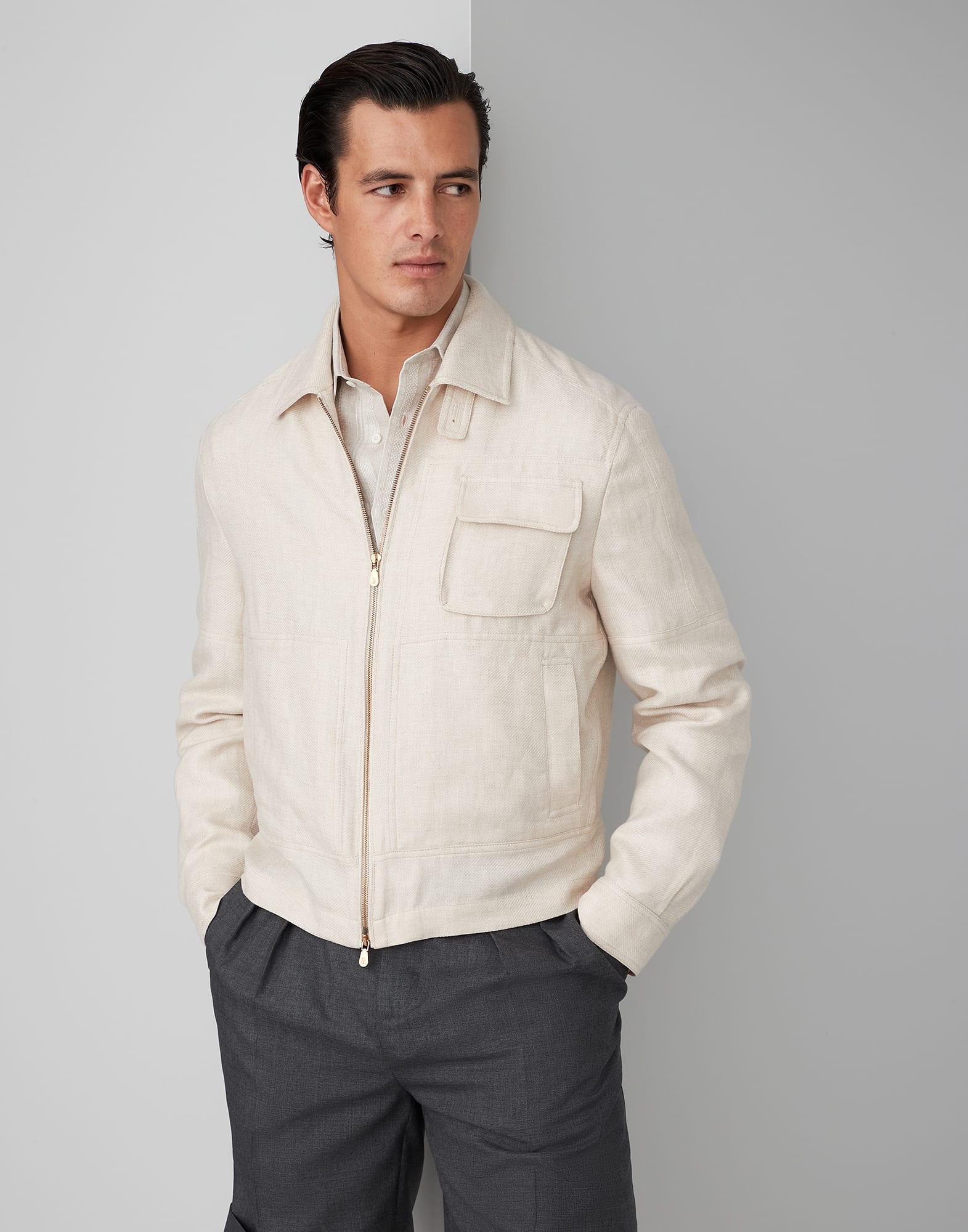 Linen, wool and silk diagonal outerwear jacket with chest pocket - 1