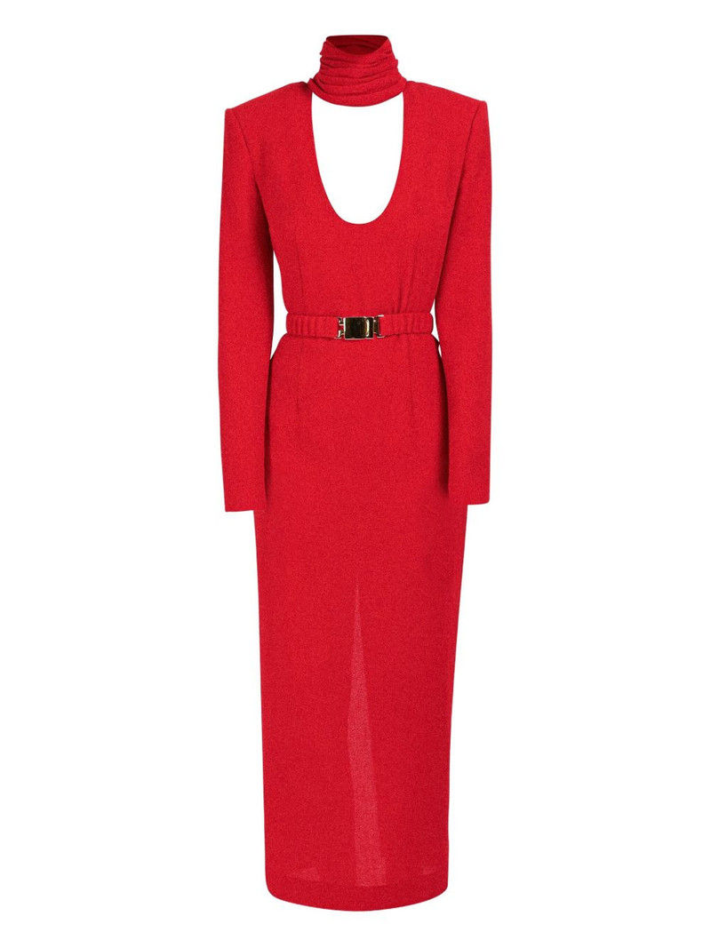 draped-collar belted dress 1