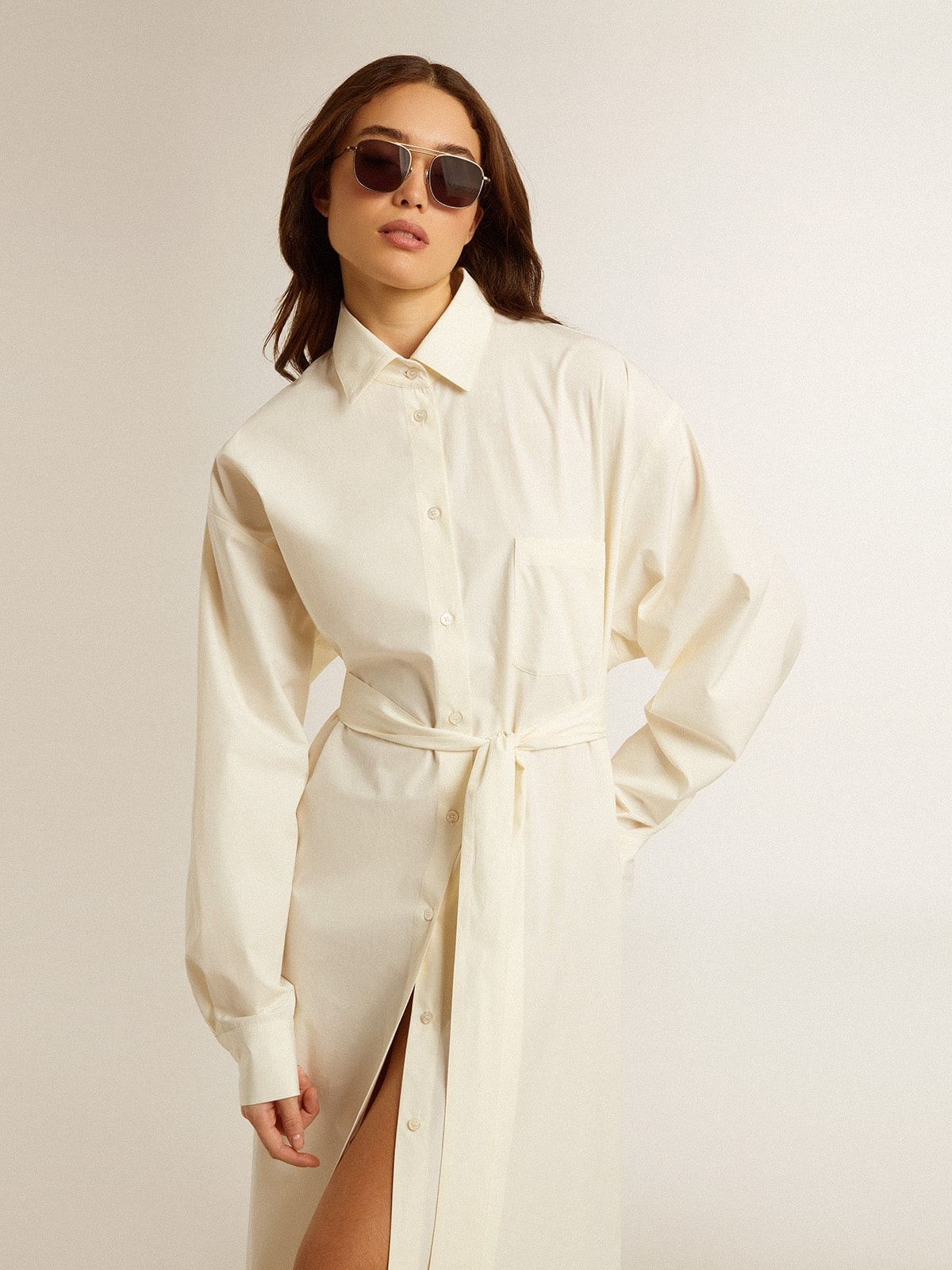Long shirt dress in solid color cotton poplin - 4