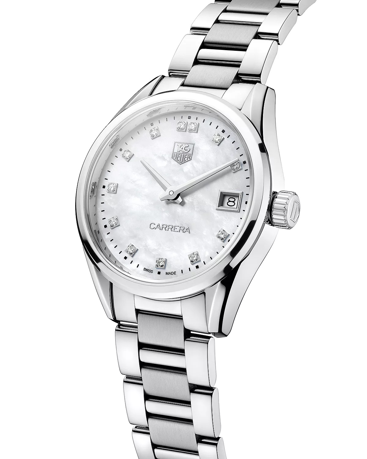 Carrera Stainless Steel and White Mother of Pearl Diamond Dial Watch, 32mm - 3