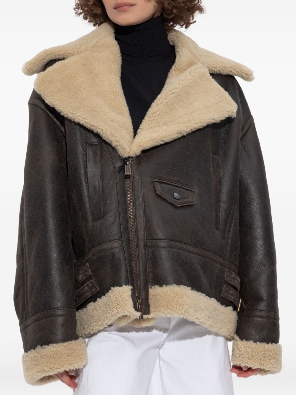 shearling-collar leather jacket - 3