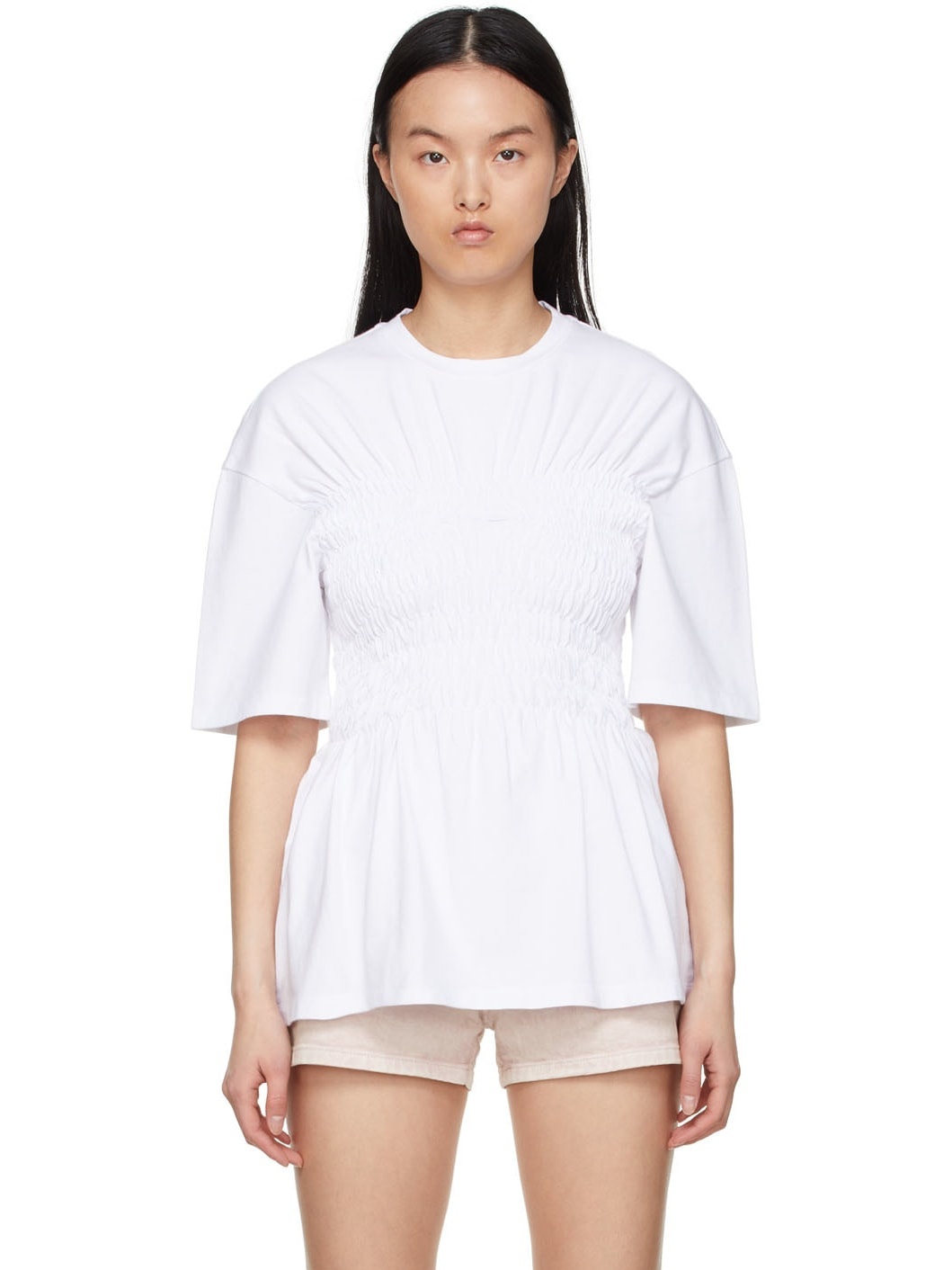 White Cotton Smocked T-Shirt - 1