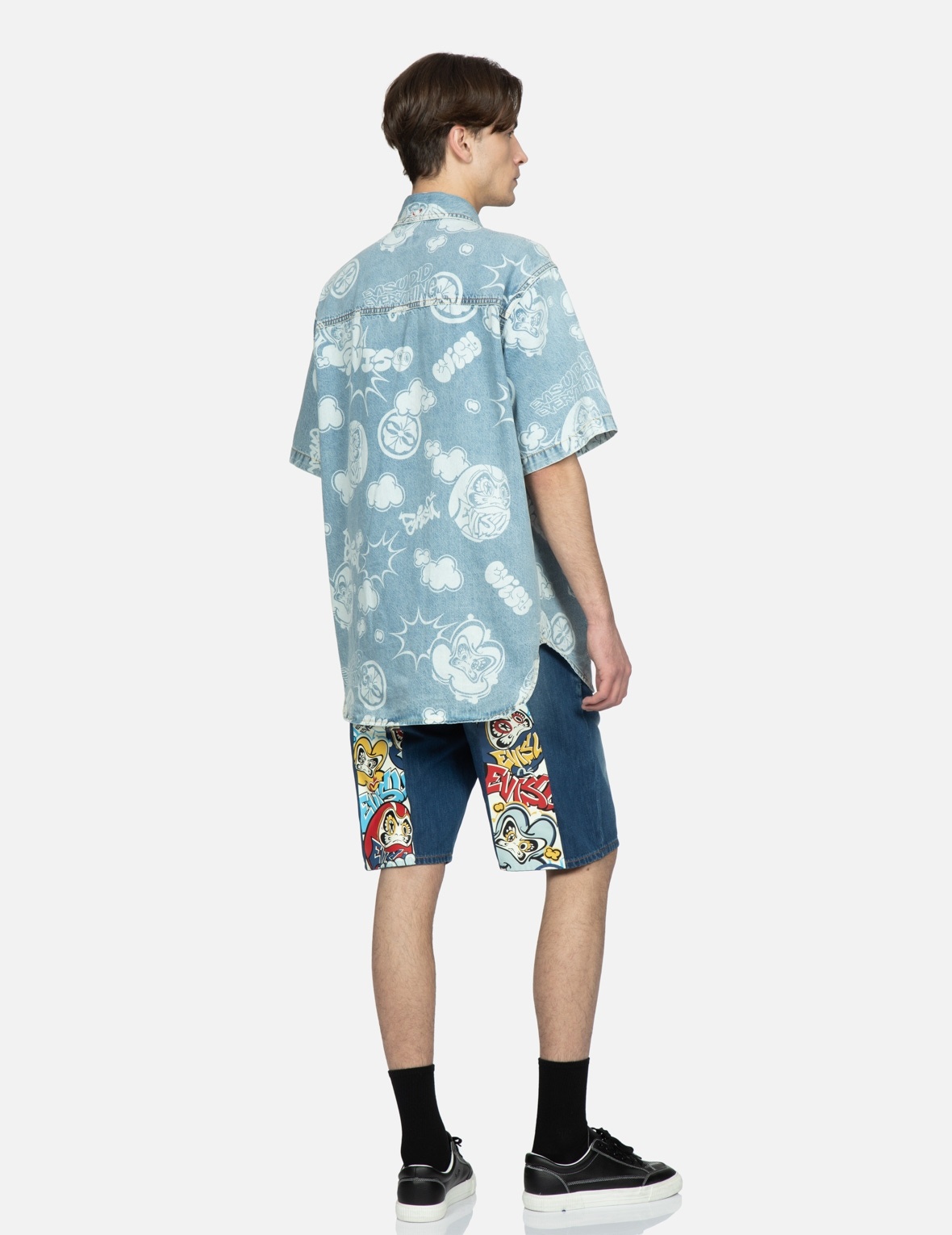 GRAFFITI DARUMA DAICOCK PRINT DENIM SHORTS - 3