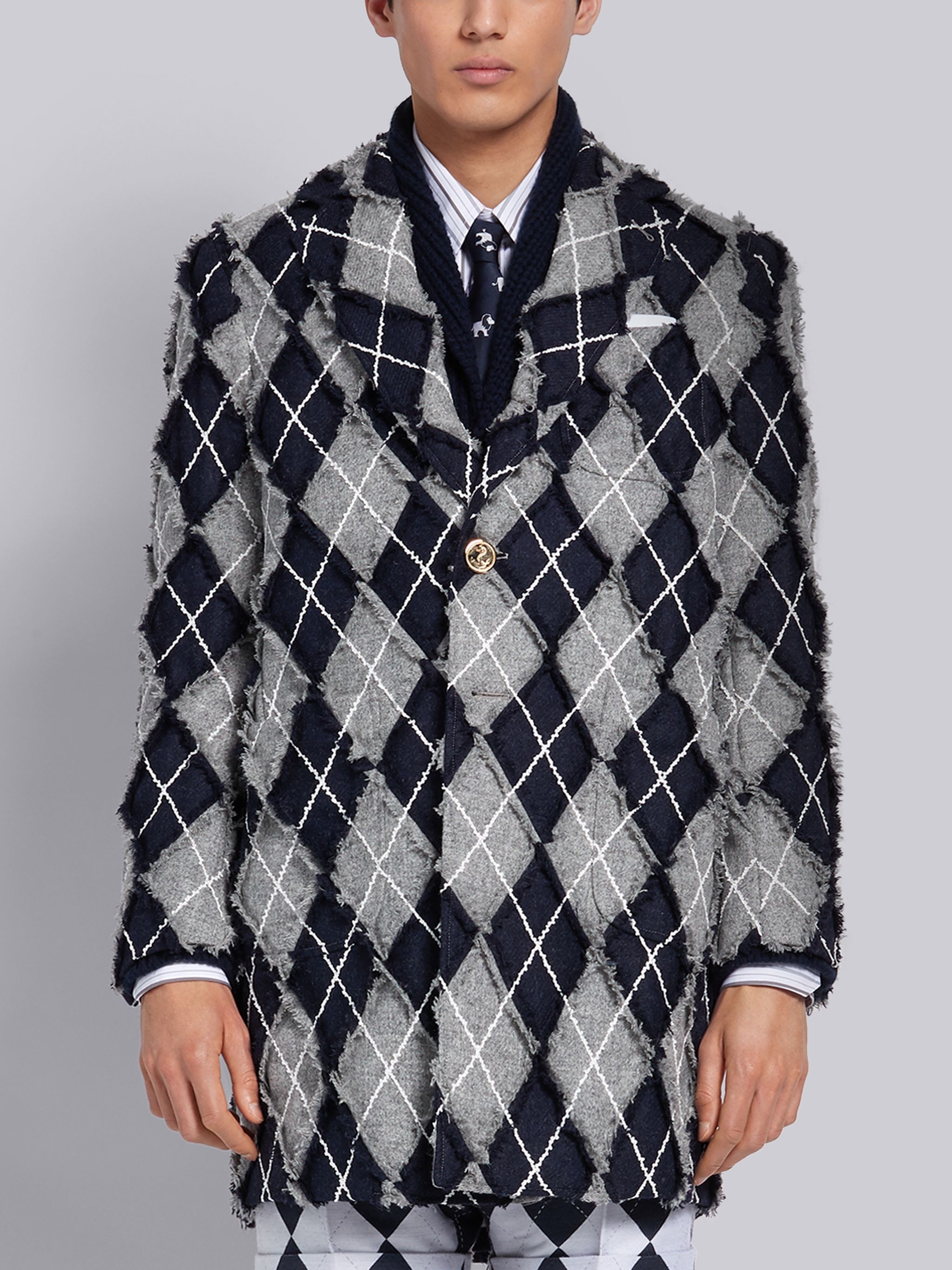 Light Grey Wool Frayed Argyle Sack Overcoat - 1