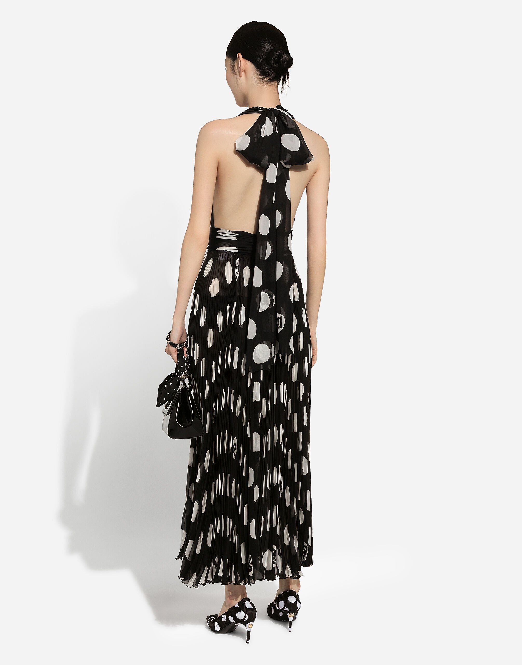 Pleated chiffon calf-length dress with polka-dot print - 3