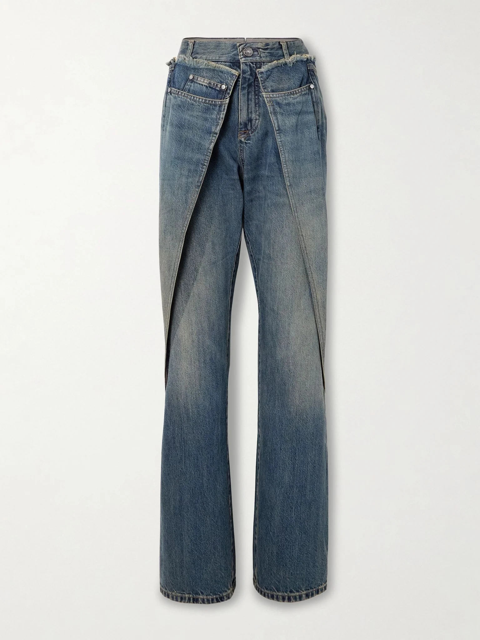Wrap-effect frayed mid-rise straight-leg jeans Dark denim - 1