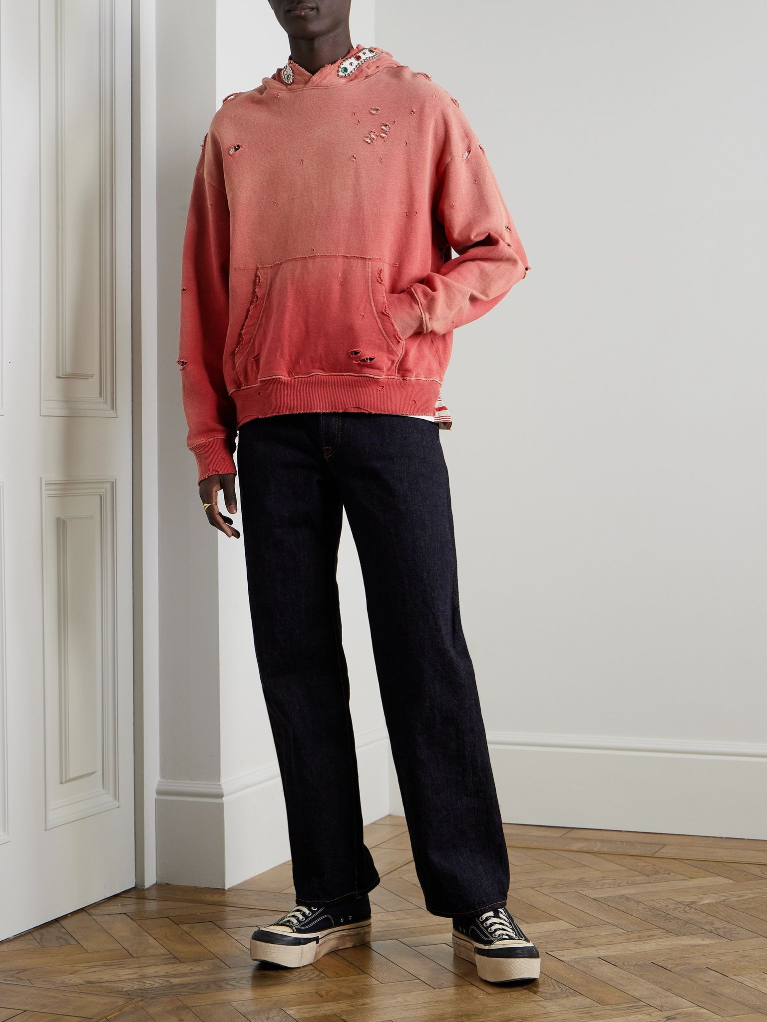 Embellished Suede-Trimmed Distressed Cotton-Jersey Hoodie Red - 2