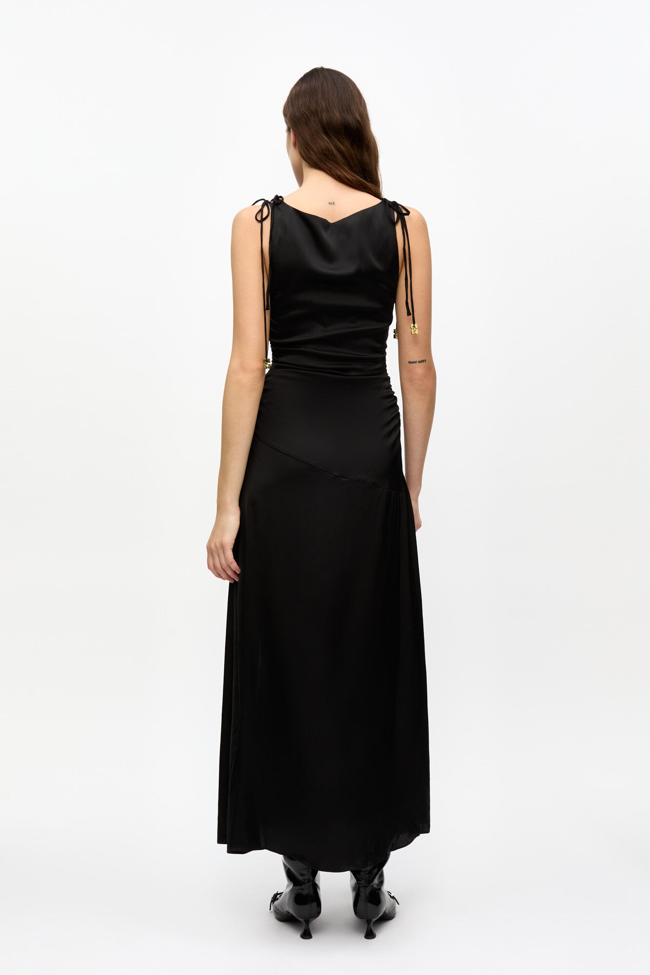 BLACK SATIN GATHERED DRESS - 3