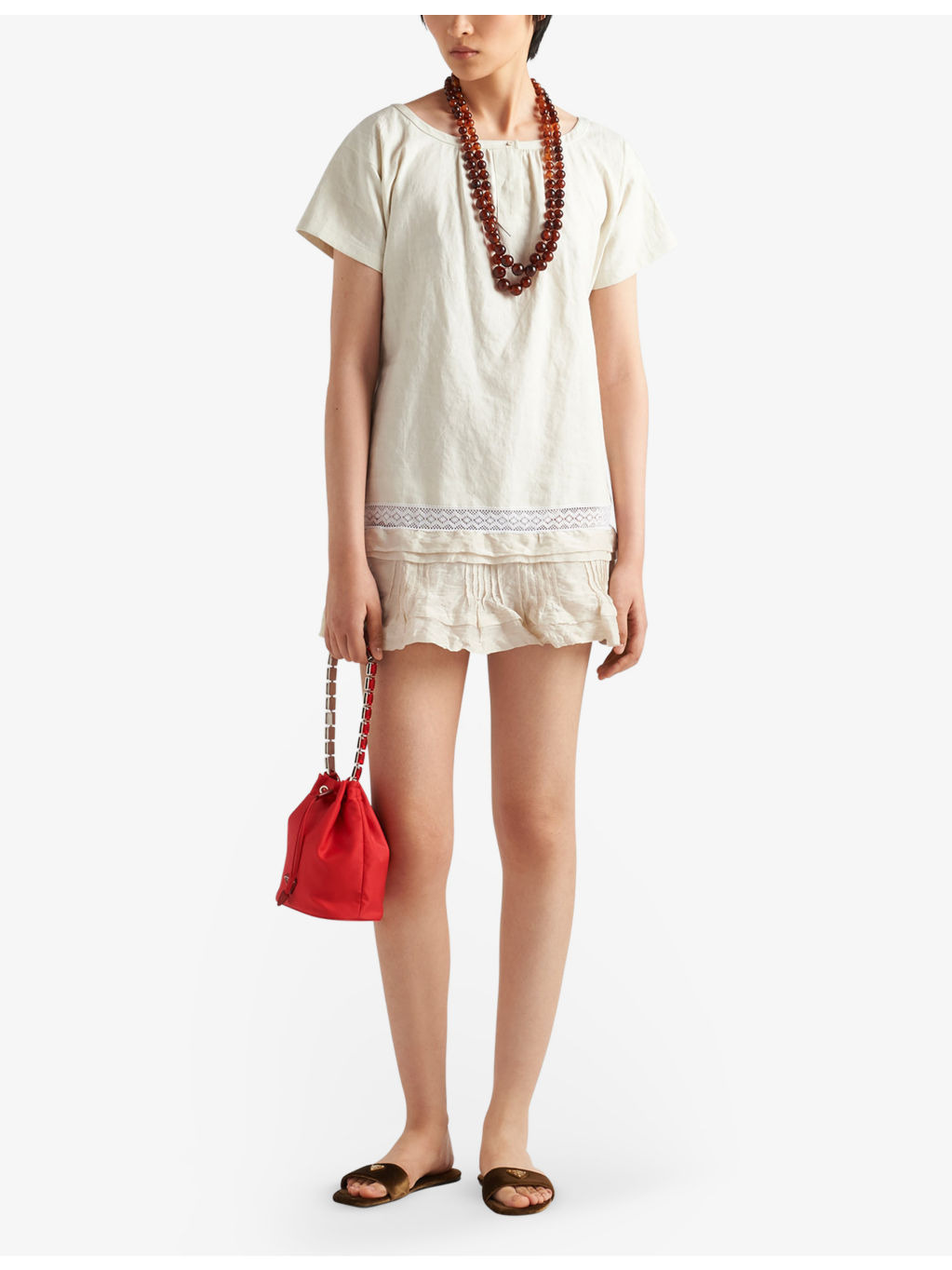 Embroidered lace-trim linen mini dress - 2