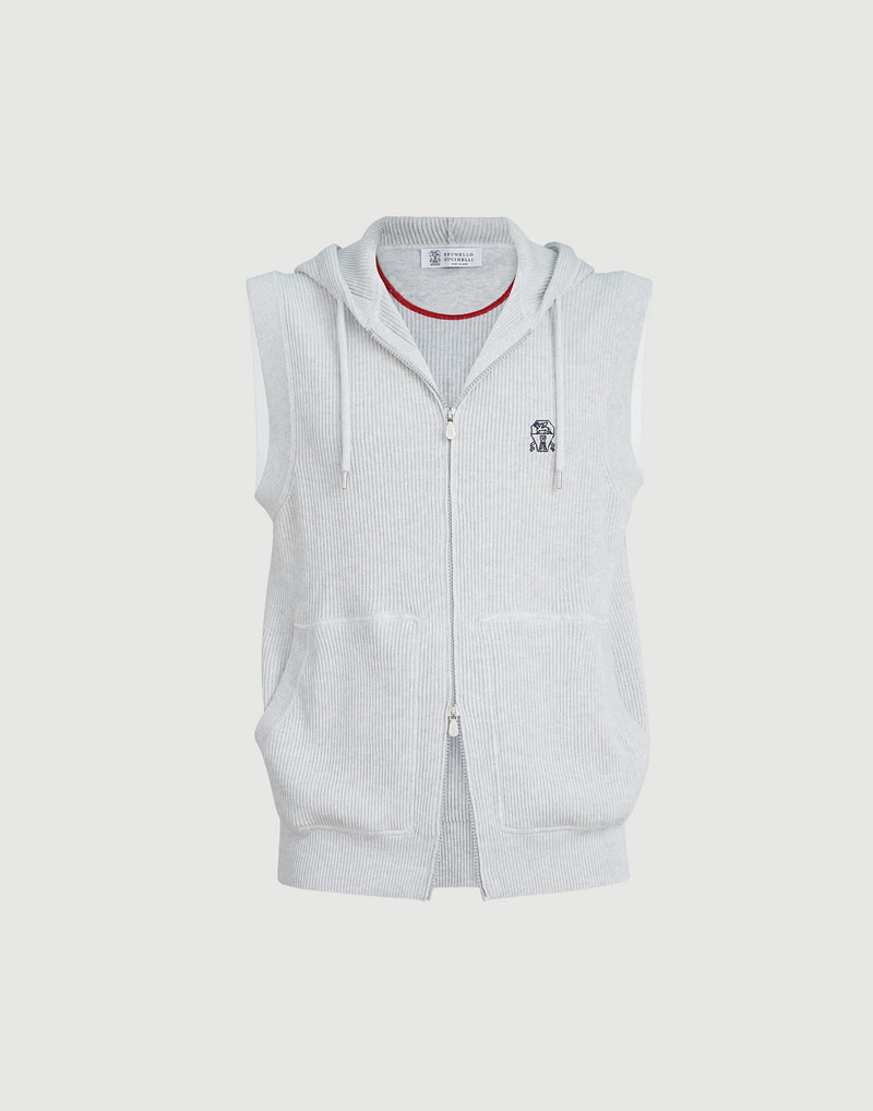 Cotton English rib knit hooded vest with logo and zipper 1
