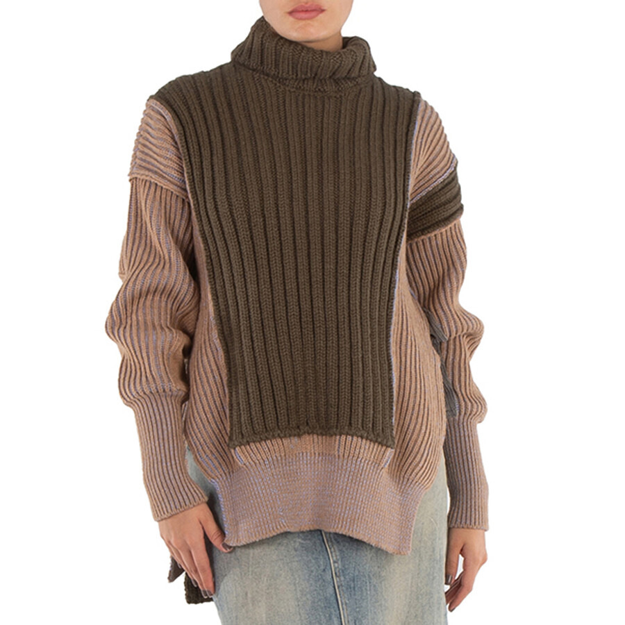 Mm6 Ladies Green Contrasting Panel-Detail Chunky-Knit Jumper - 1