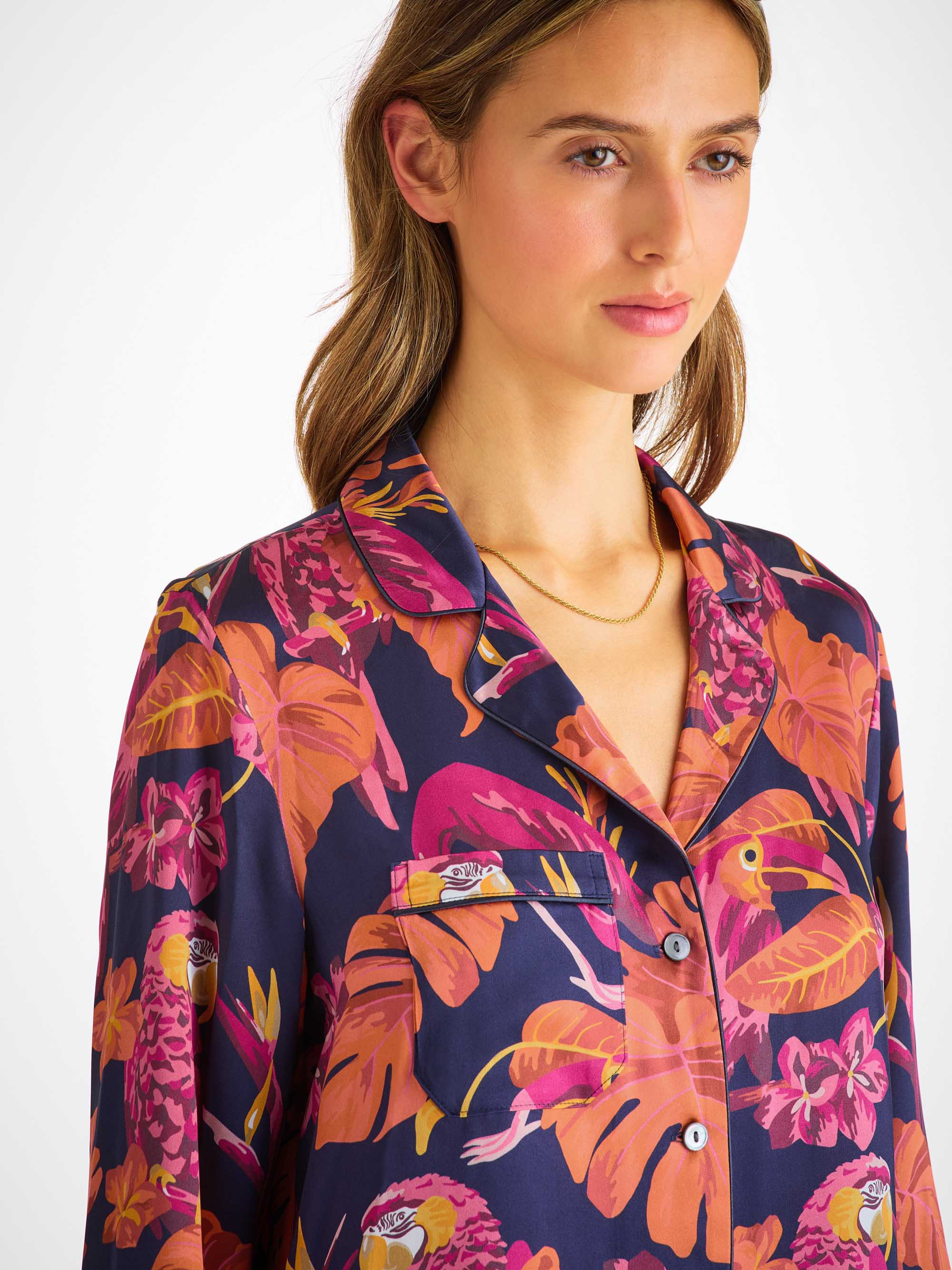 Women's Pajamas Silk Satin Navy Jungle Birds Pattern - 5