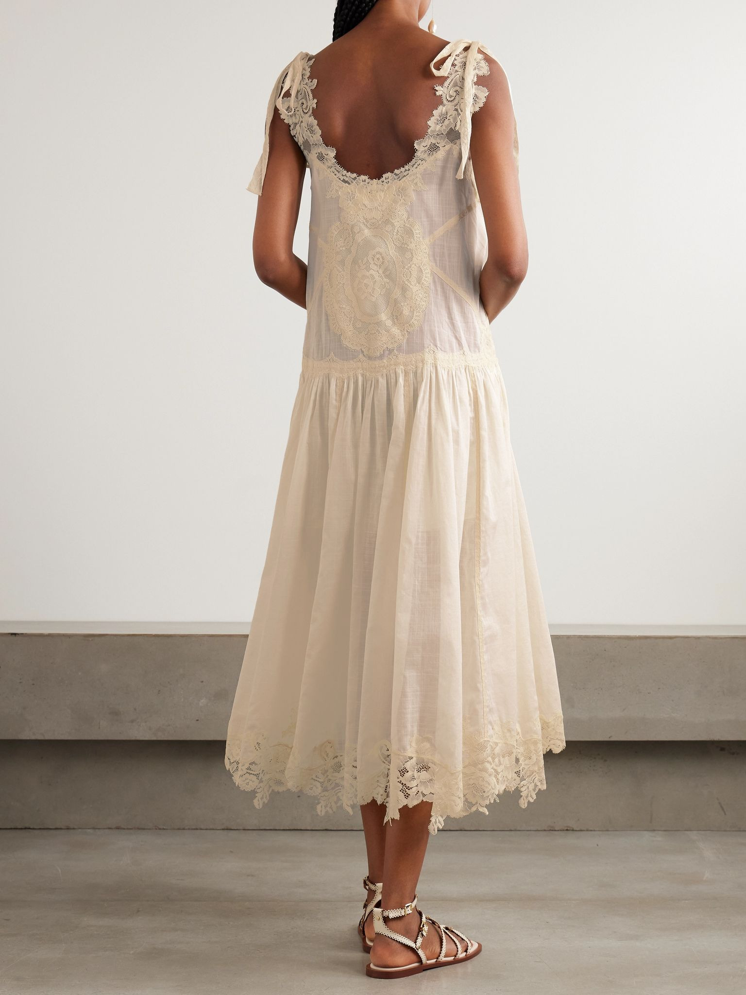 Cascadian lace-trimmed checked cotton-voile midi dress Cream - 3