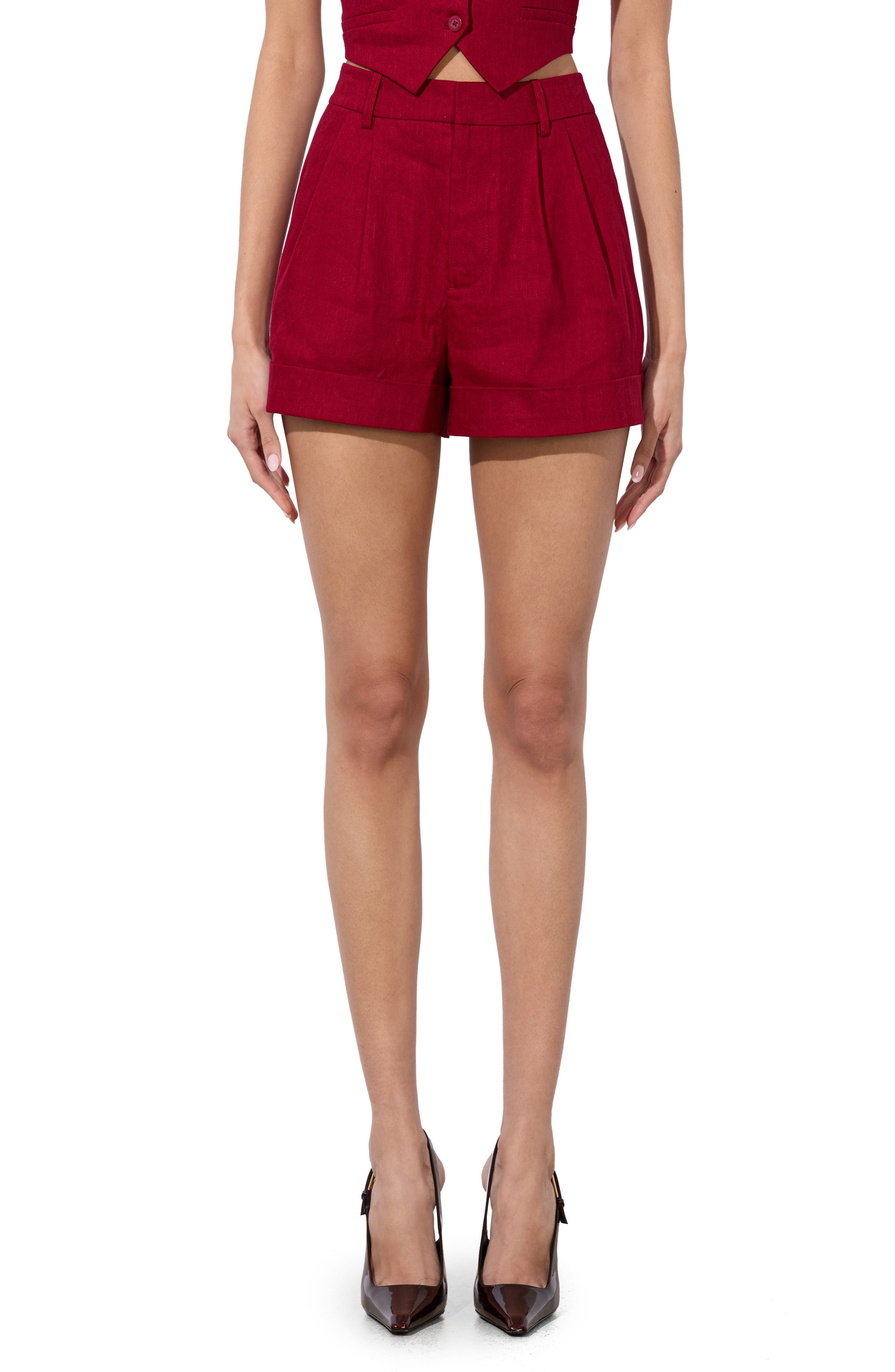 Alice + Olivia Conry Cuff Linen Blend Shorts in Dark Cherry at Nordstrom - 1