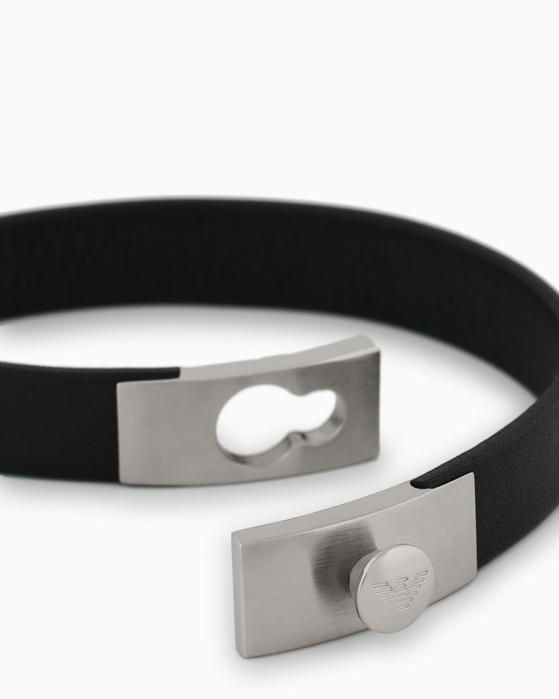 STAINLESS STEEL AND BLACK LEATHER STRAP BRACELET 3