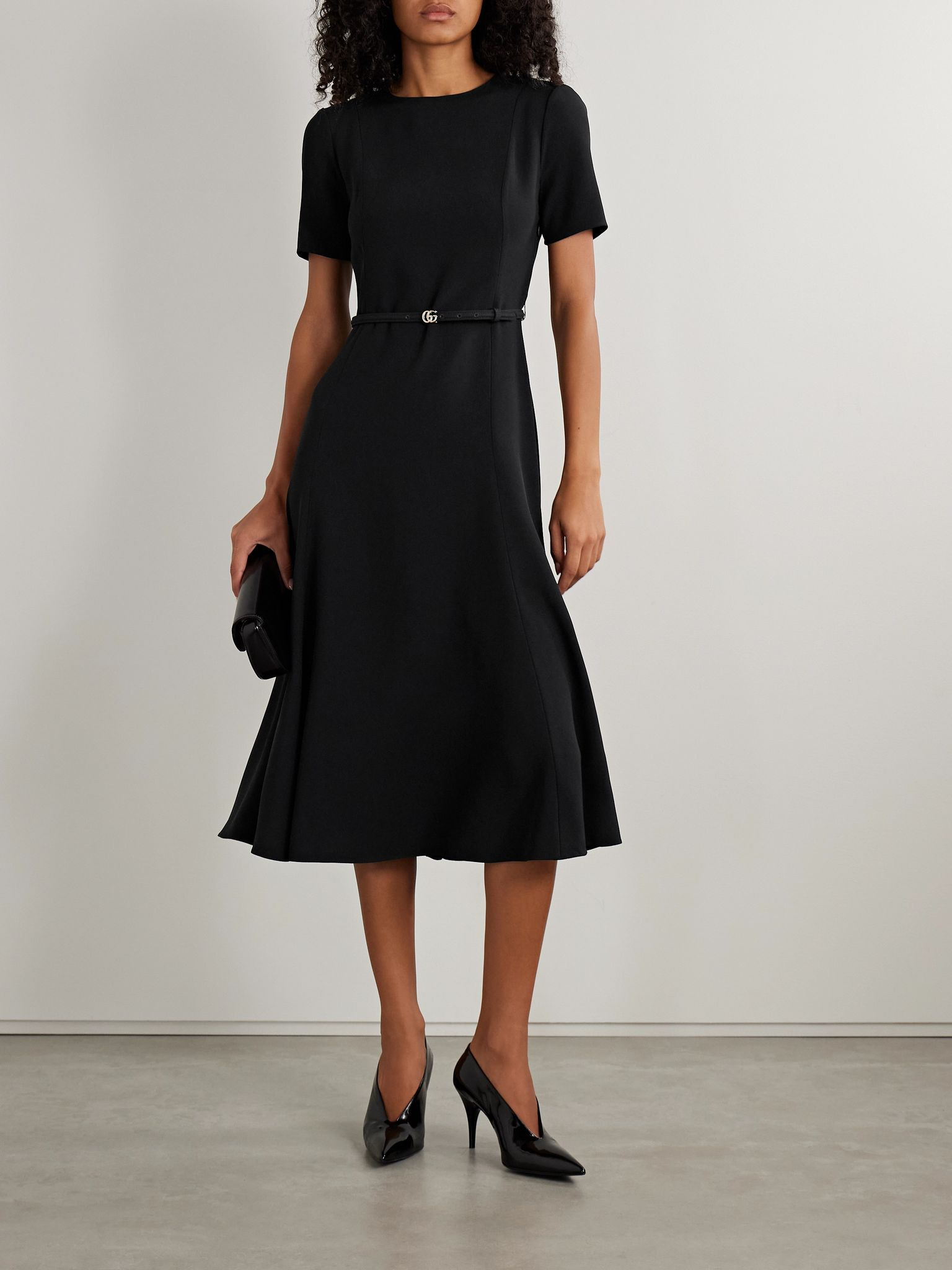 Belted crepe midi dress Black - 2