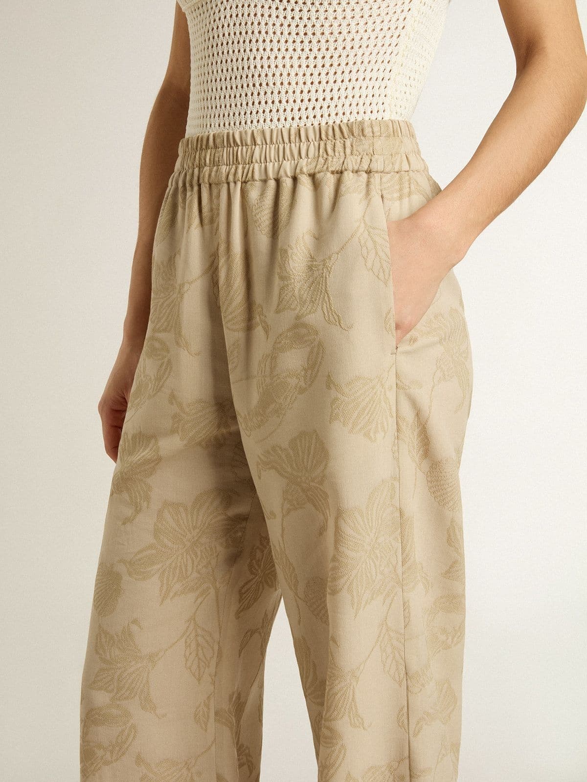 Women's pajama pants in beige jacquard with floral pattern - 5