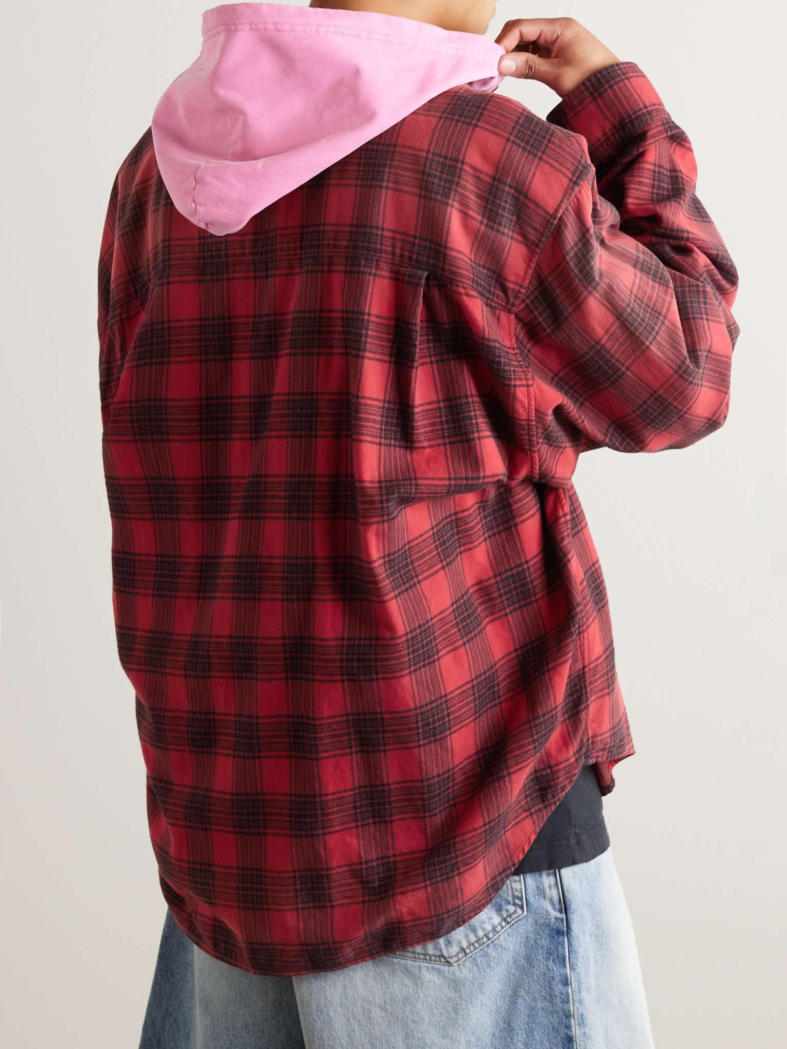 BALENCIAGA Checked Jersey-Trimmed Cotton-Flannel Hooded Shirt 