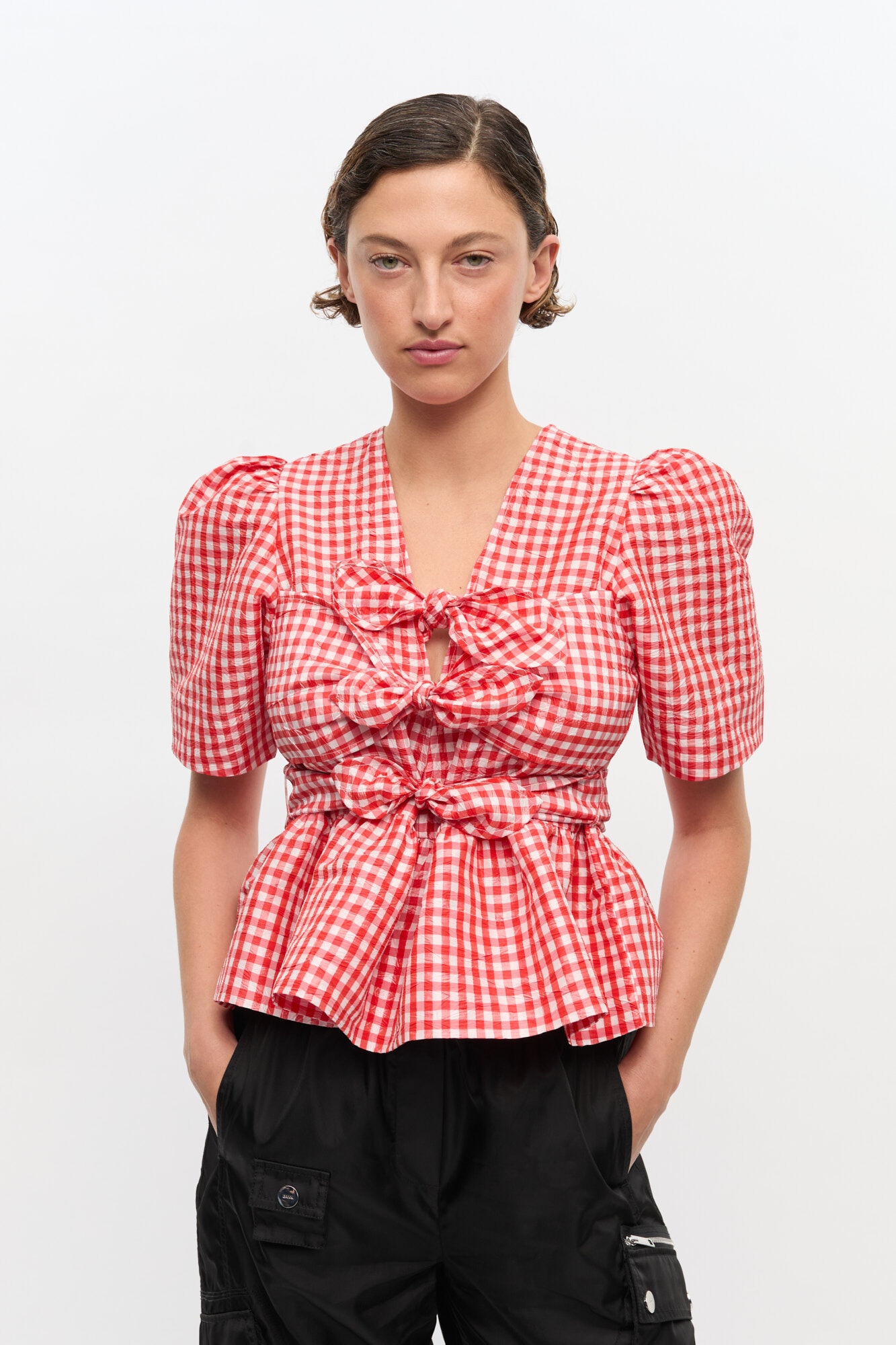 RED CRINKLED CHECK TAFFETA BLOUSE - 2