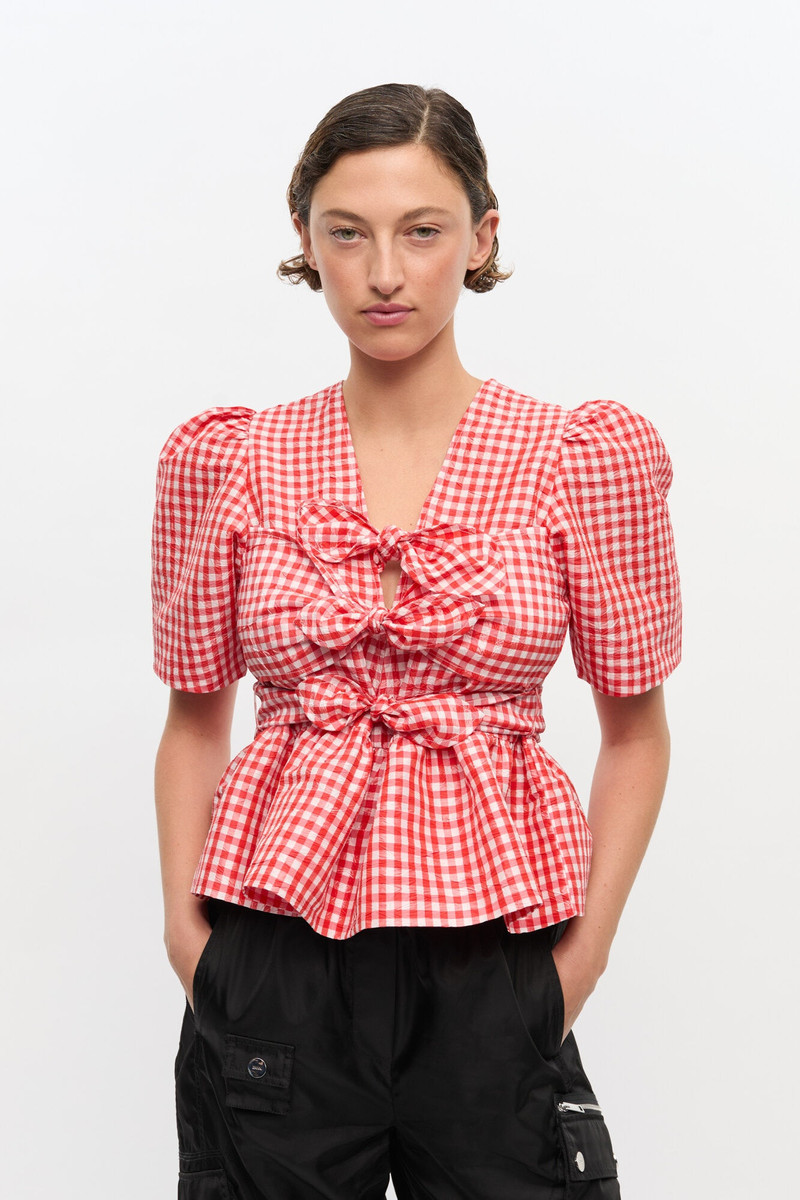 GANNI RED CRINKLED CHECK TAFFETA BLOUSE outlook