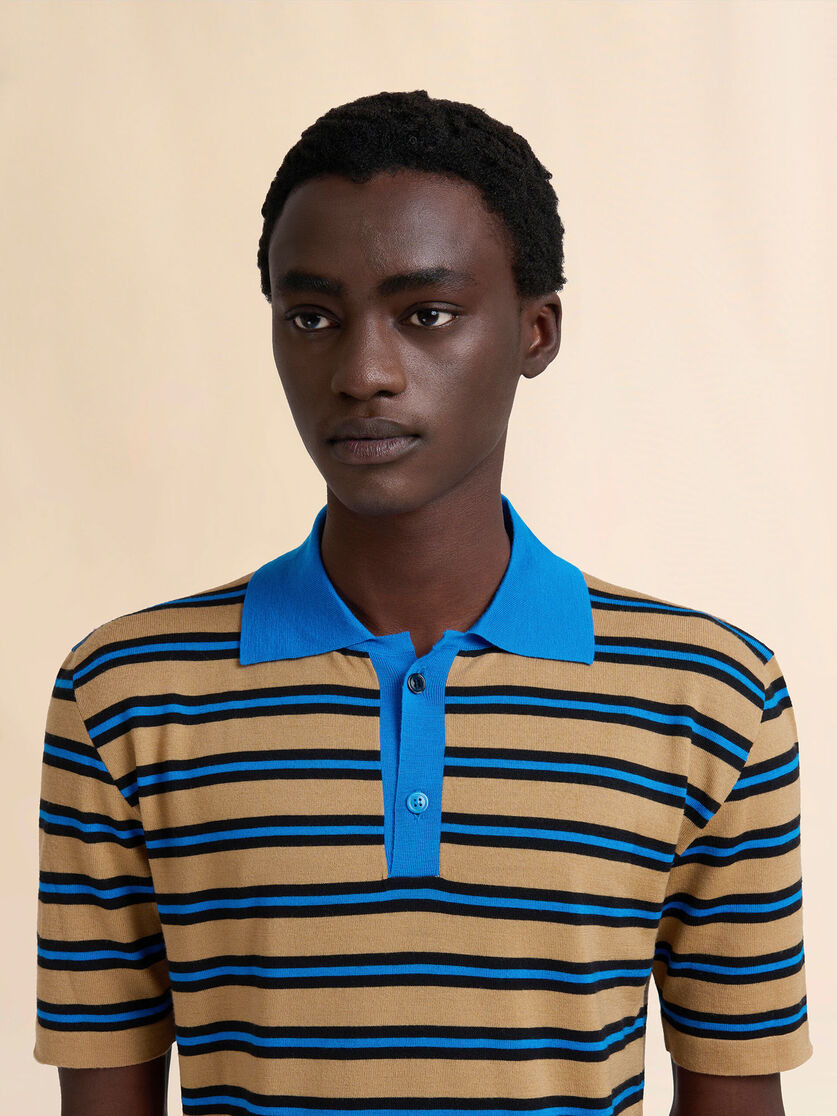BROWN AND BLUE STRIPED WOOL POLO SHIRT - 4