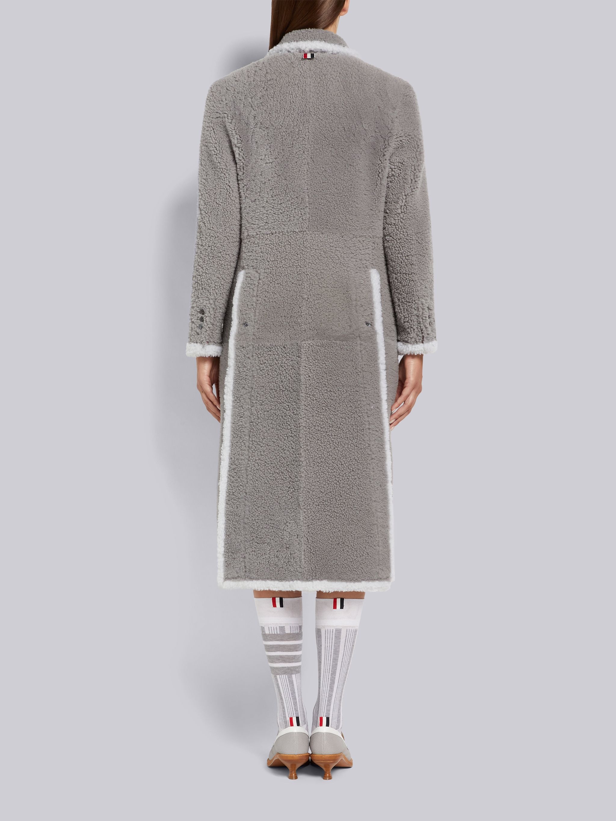 Medium Grey Dyed Shearling Contrast Framing Wide Lapel Overcoat - 3
