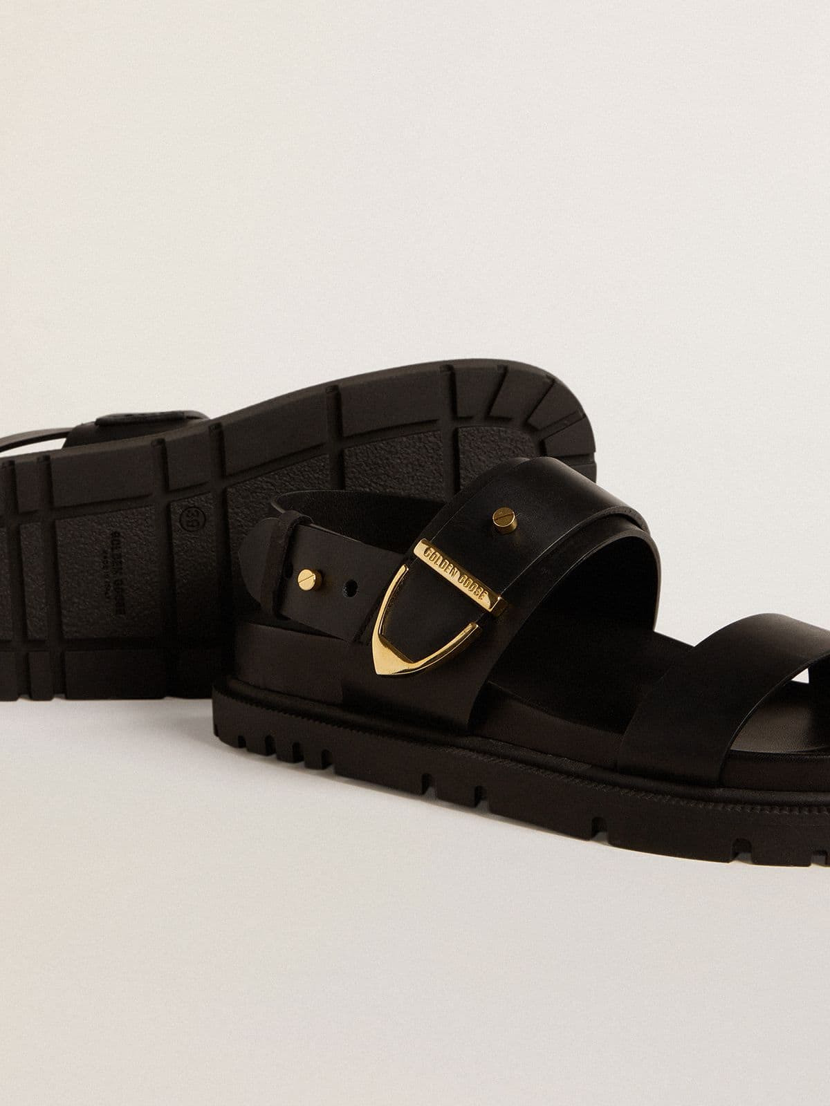 Women's Lucy sandal in glossy black leather with gold metal buckle - 3