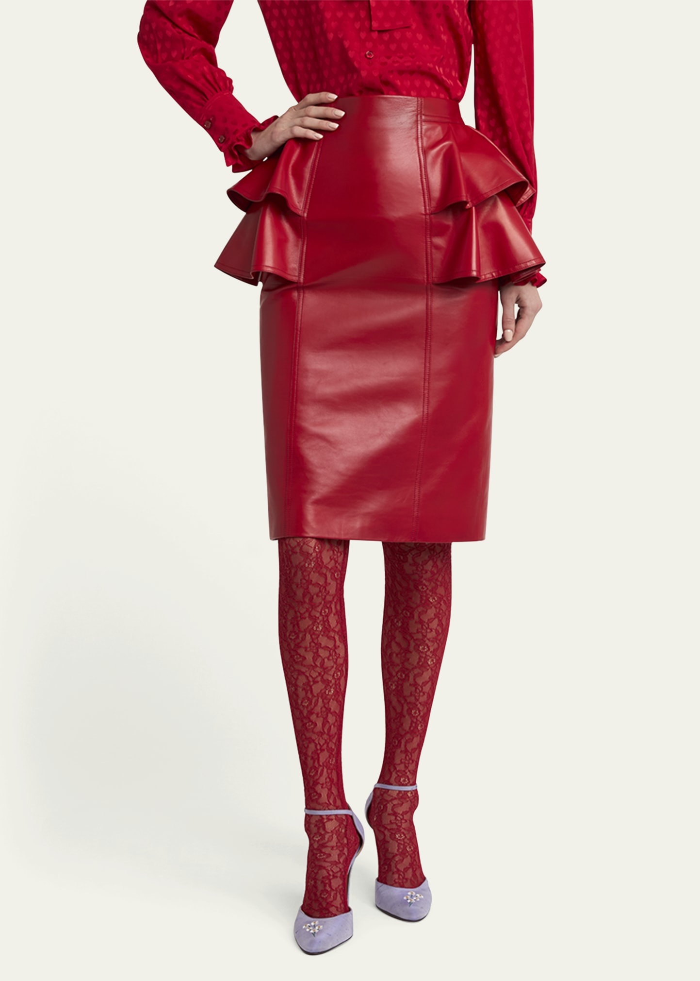 Ruffle Nappa Leather Pencil Skirt - 3