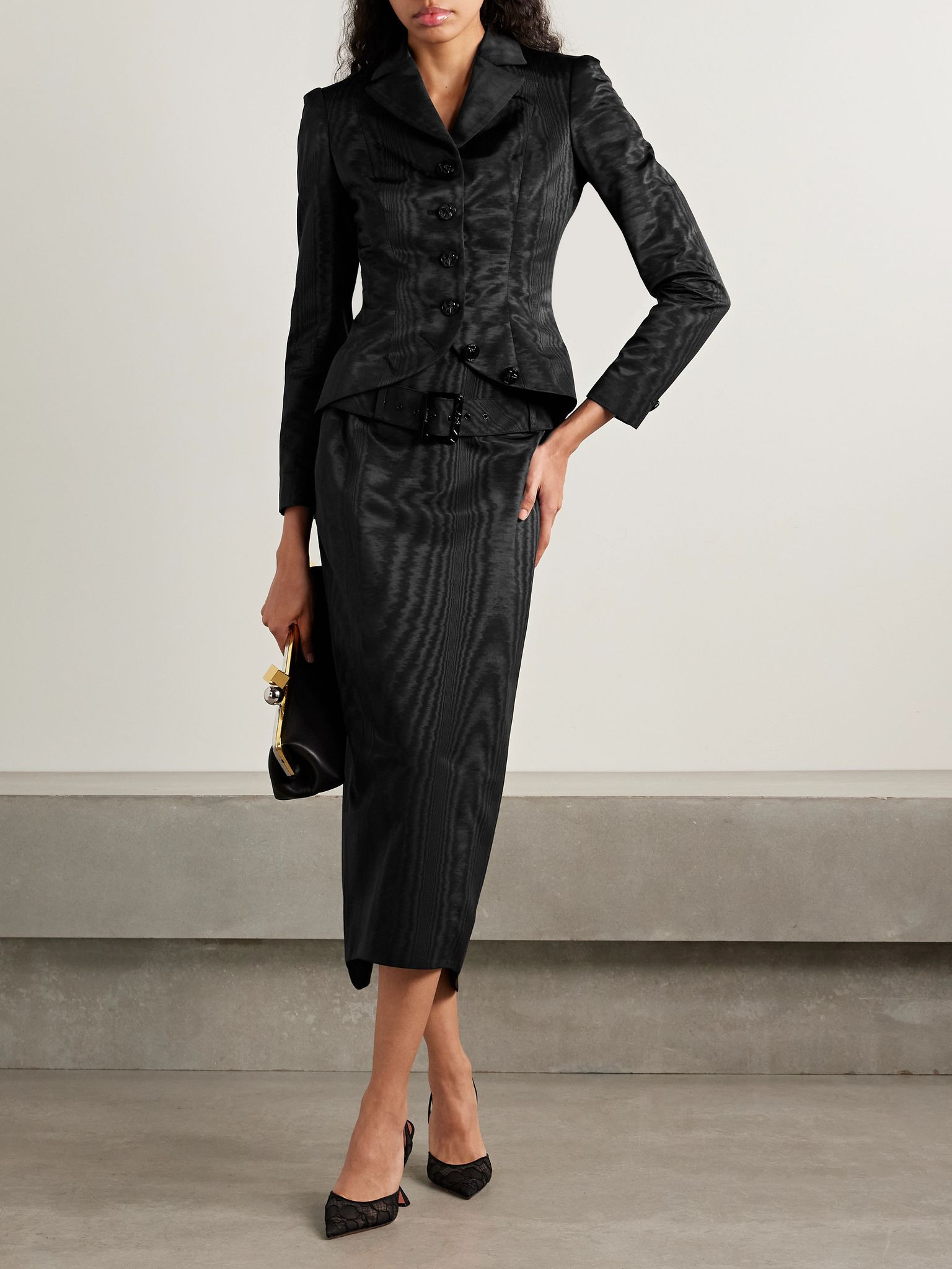Salon belted recycled-moire midi skirt Black - 2