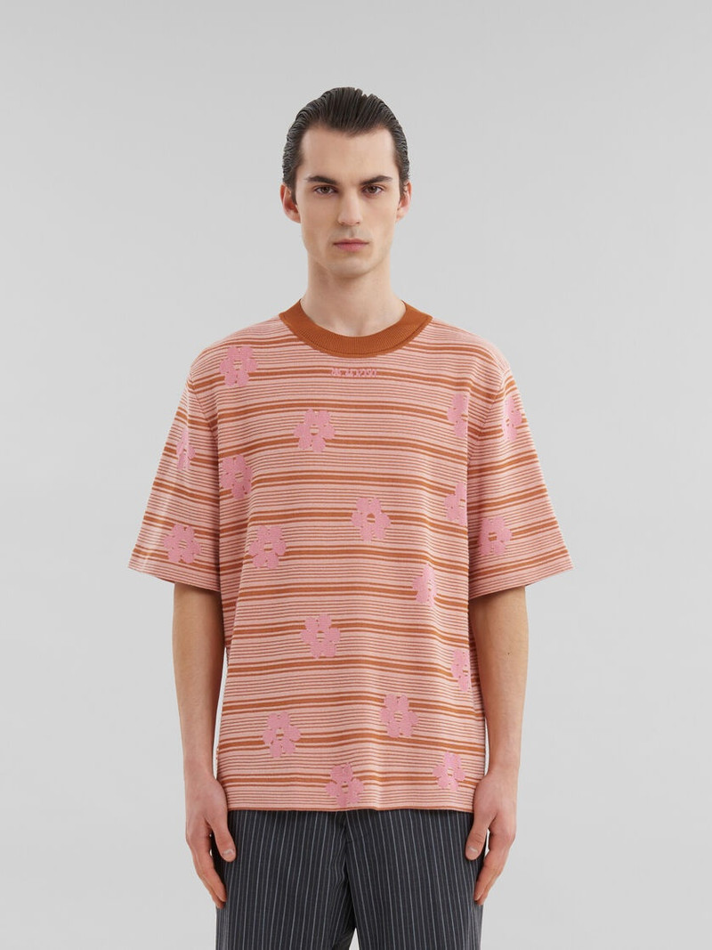 Marni PINK COTTON-VISCOSE STRIPED KNIT T-SHIRT WITH FLORAL MOTIF outlook