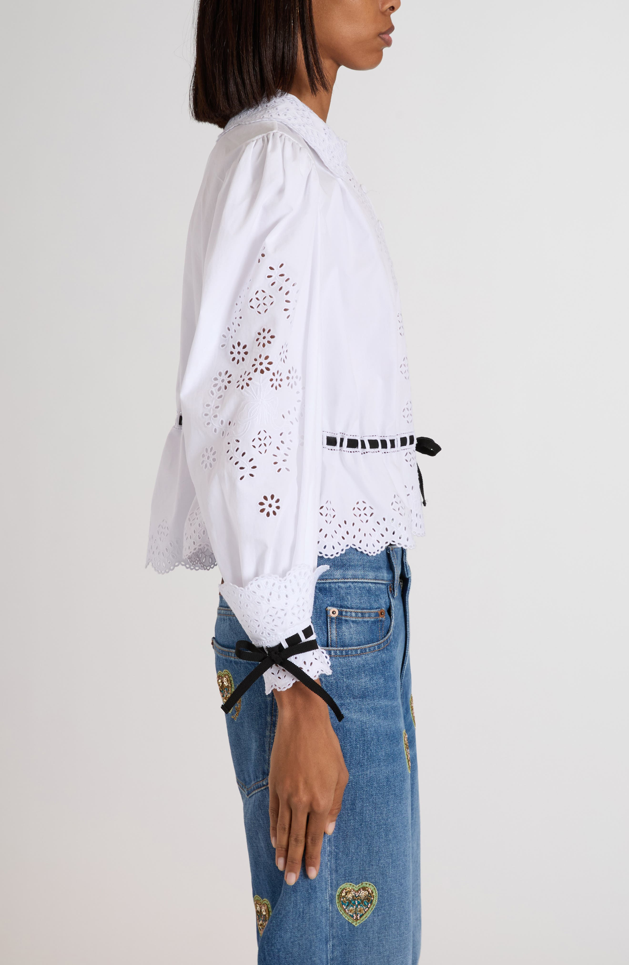 Valentino Garavani Eyelet Embroidered Button-Up Shirt in White/Black at Nordstrom - 4