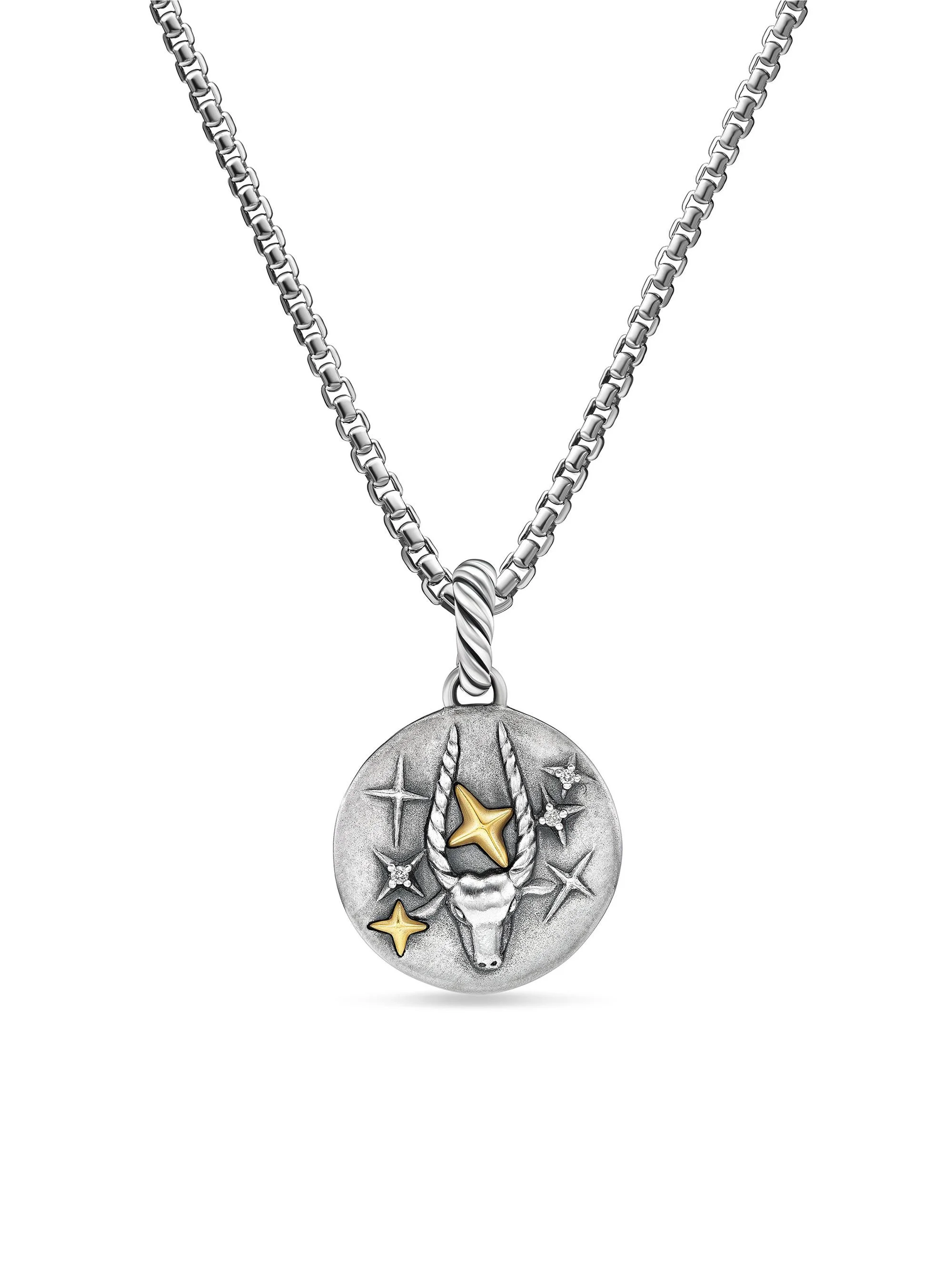 Women's Amulet in Sterling Silver with 18K Yellow Gold and Diamonds, 19MM - Capricorn - 1