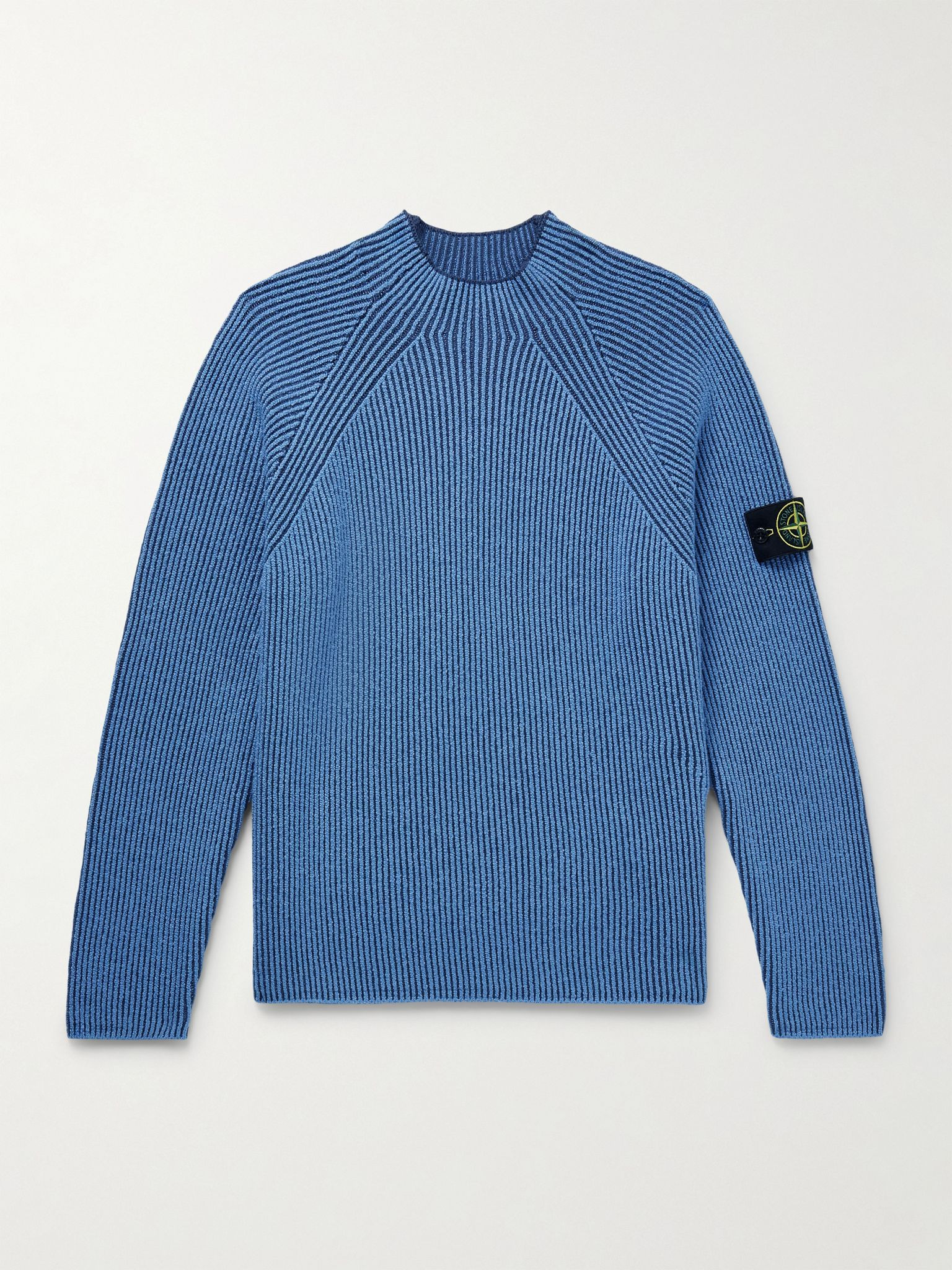 Logo-Appliquéd Ribbed Wool-Blend Mock-Neck Sweater Blue - 1