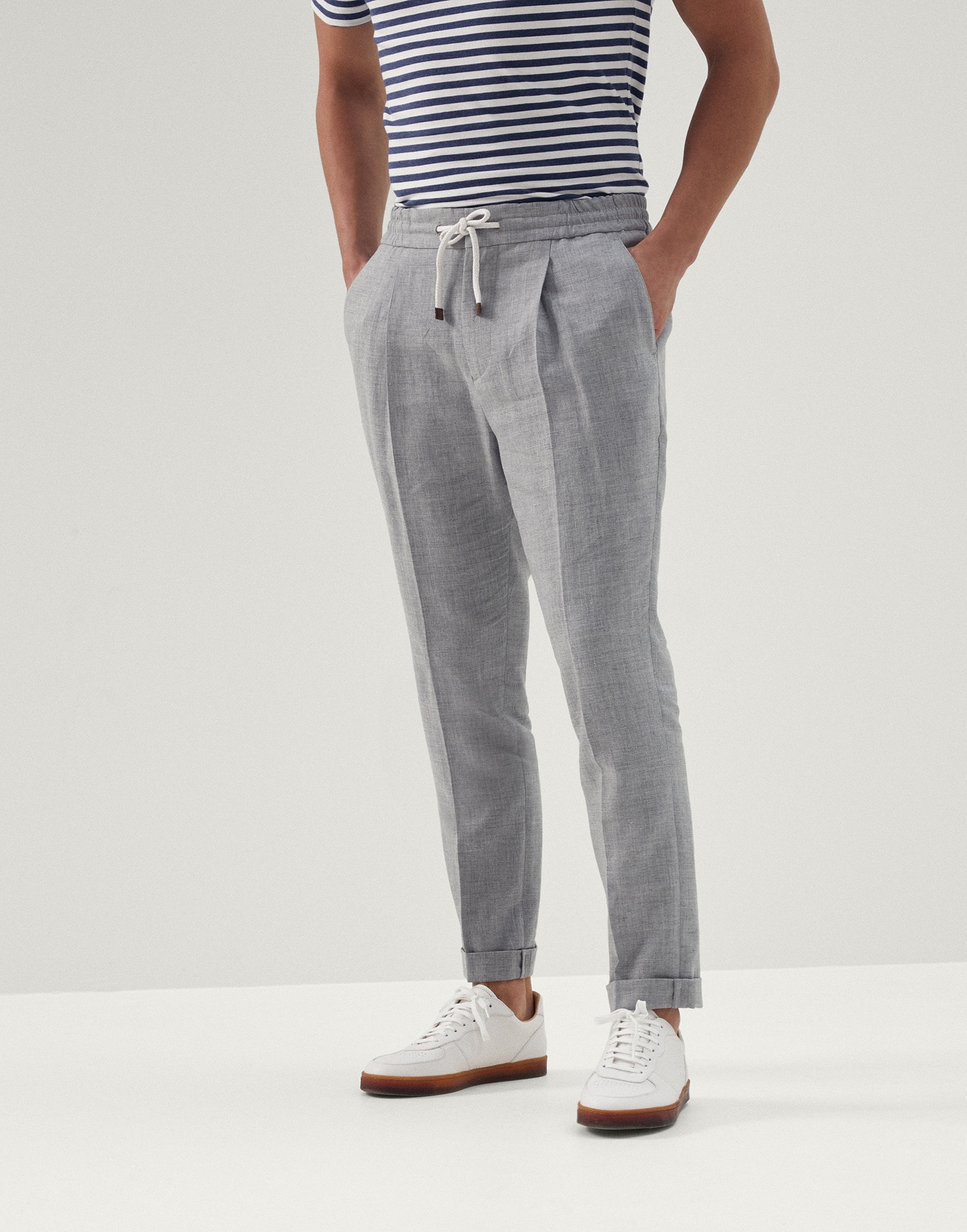 Linen and wool fresco leisure fit trousers with drawstring and pleat - 1