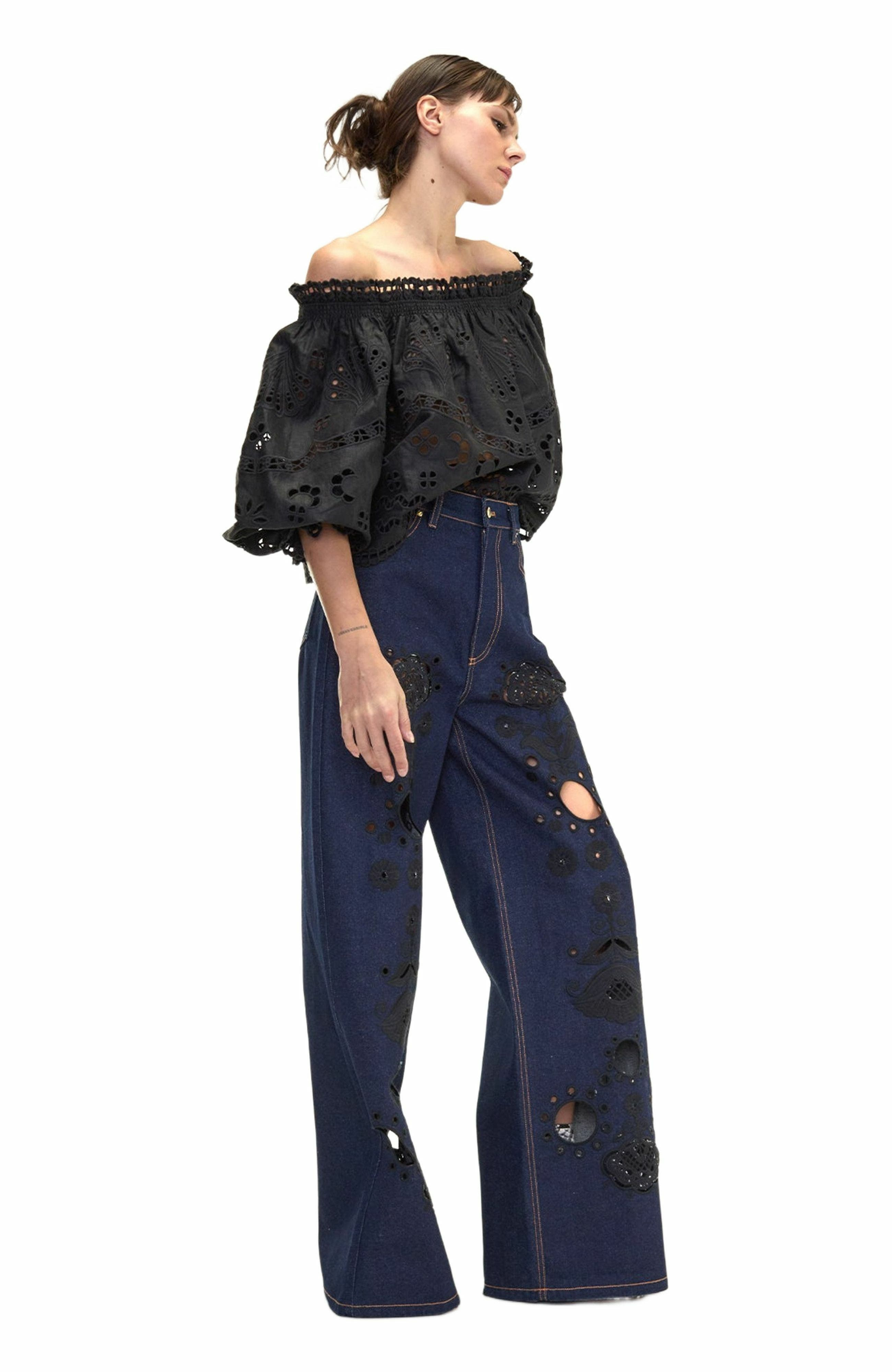 Cynthia Rowley Embroidered Wide-leg Jean in Navy/black at Nordstrom - 3