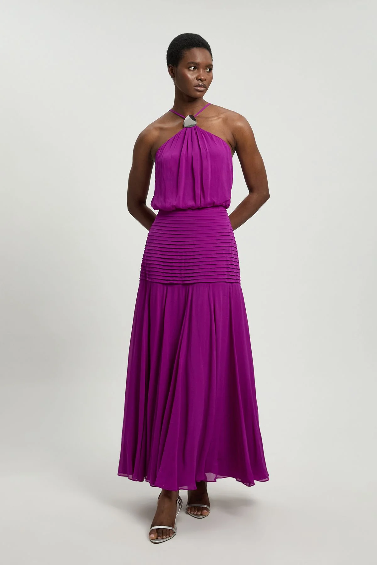 Viscose Georgette Drop Hem Woven Halter Neck Maxi Dress - 1