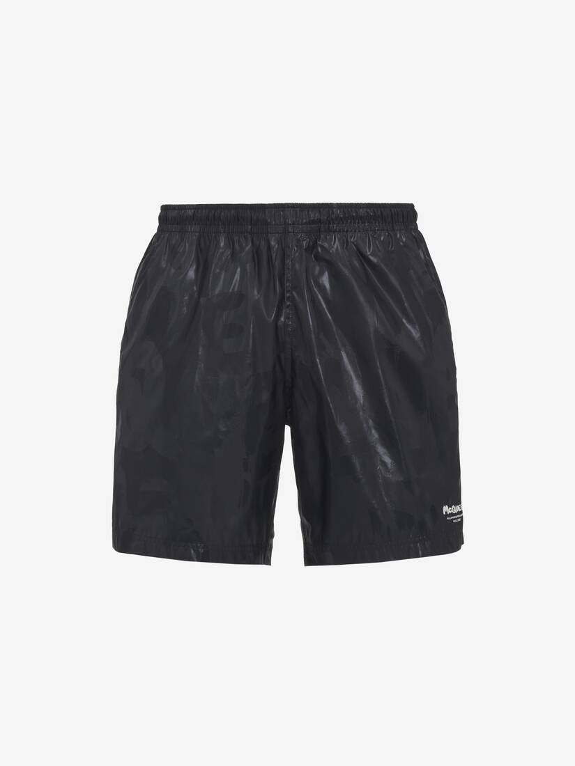 Men's McQueen Graffiti Swim Shorts in Black - 1