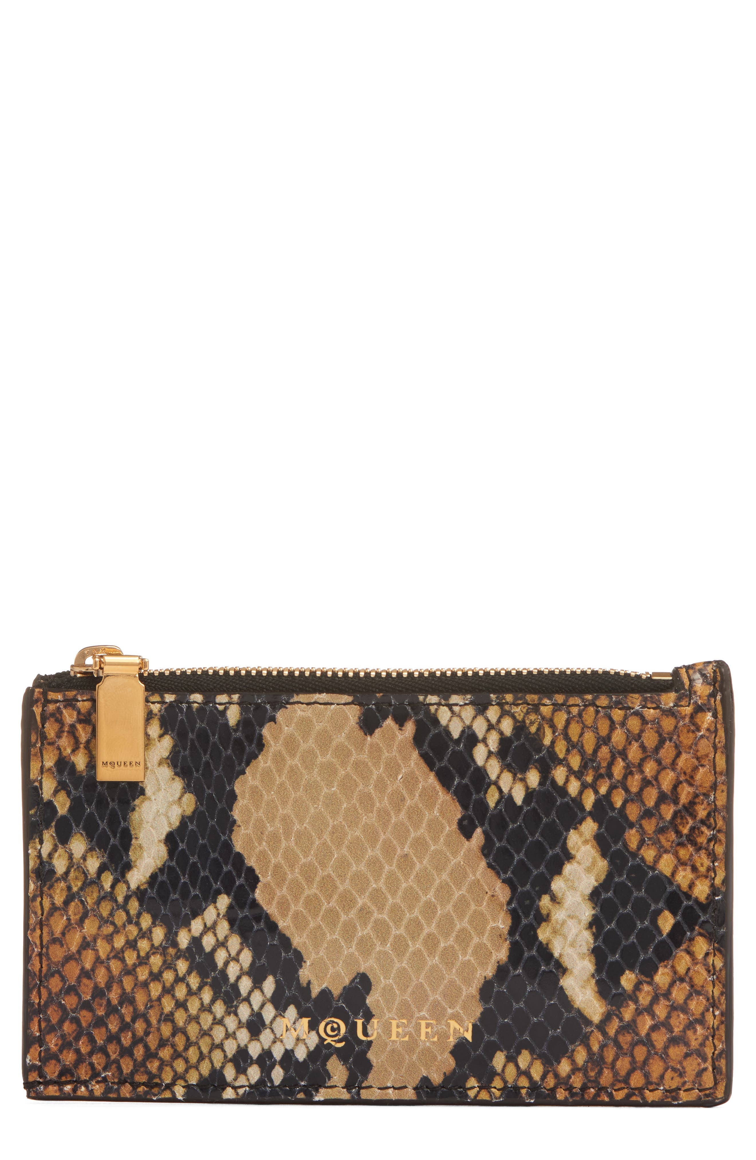 McQueen Python Print Calfskin Leather Zip Card Holder in Brown/Gold at Nordstrom - 1