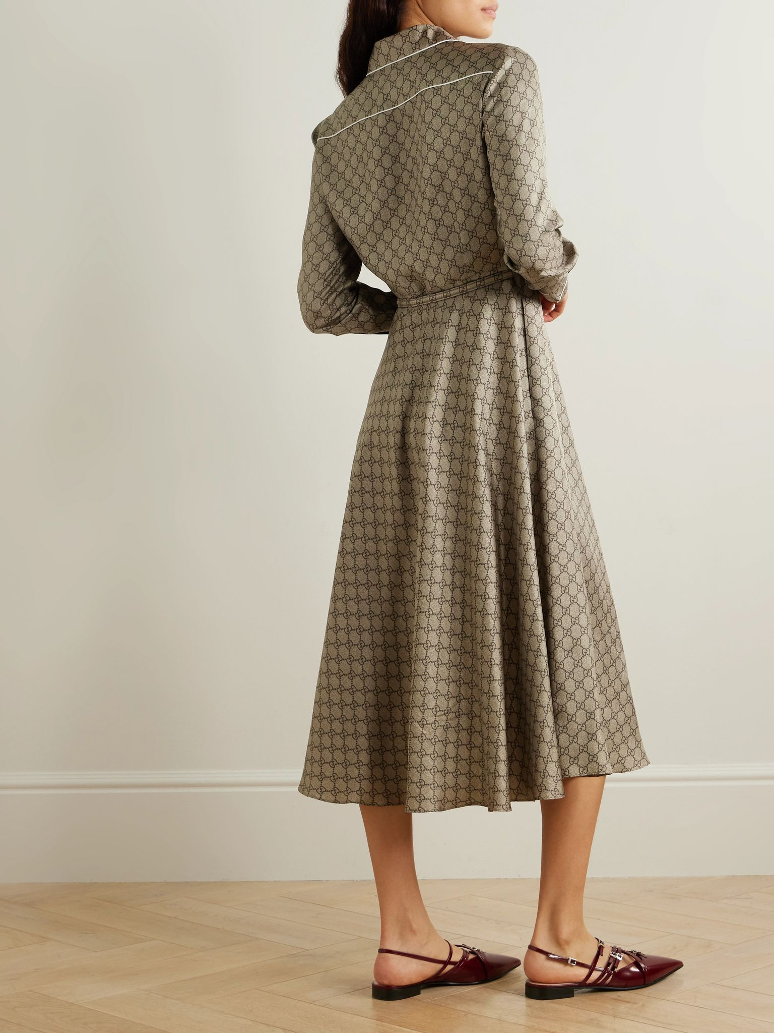 Belted piped printed silk-twill midi shirt dress Camel - 3