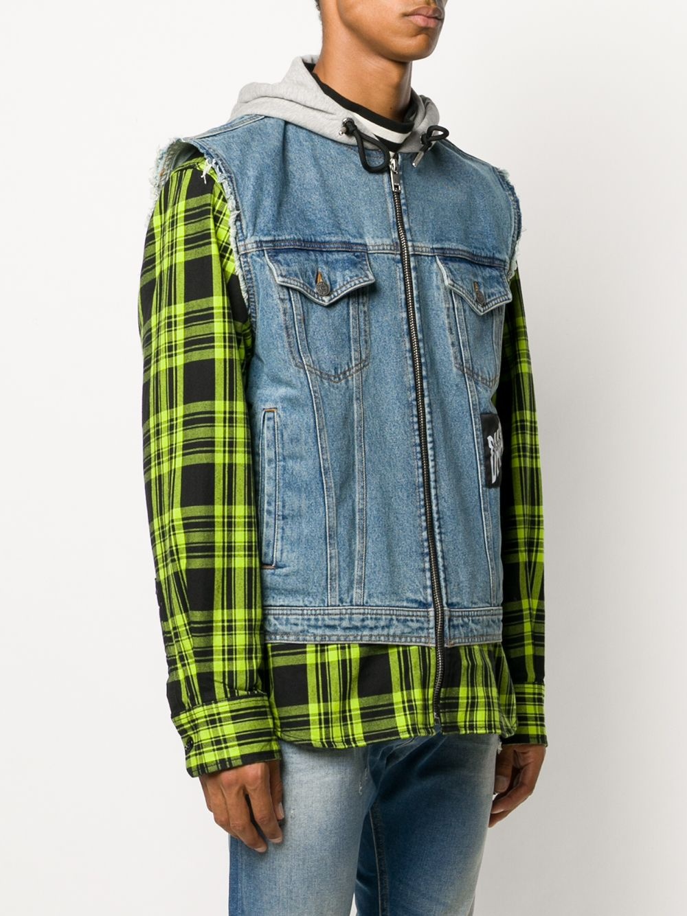 hooded overshirt layered denim jacket - 3