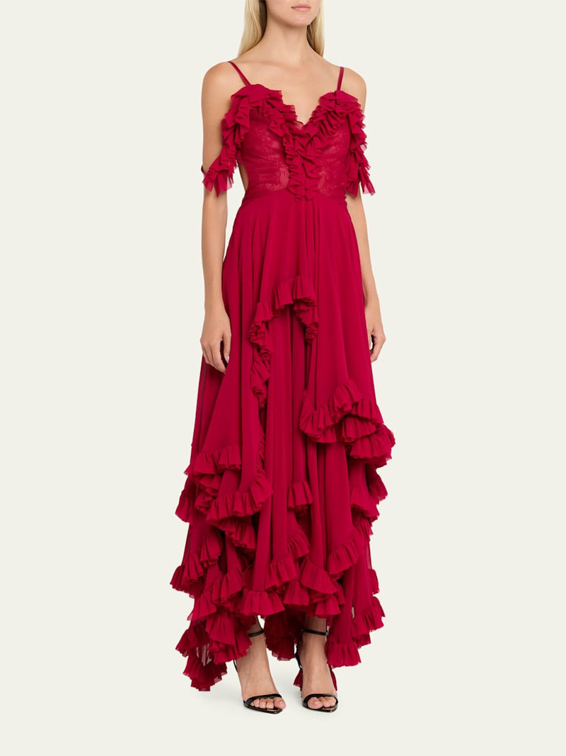Lace-Inset Tiered Ruffle Chiffon Evening Dress 4